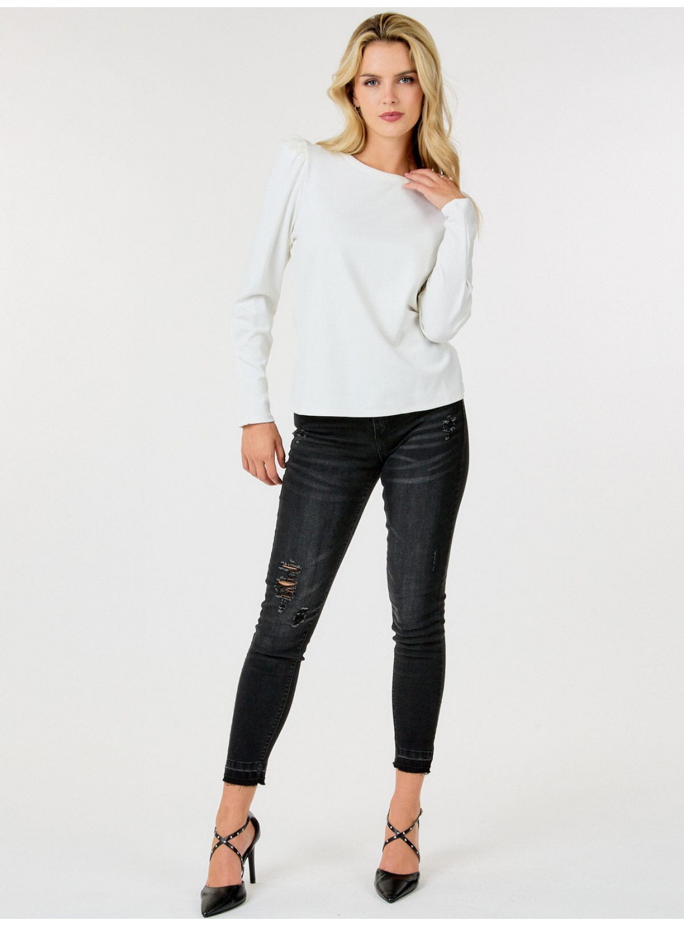 WOMEN'S LONG PUFF SLEEVE SOLID BLOUSE WOMEN'S LONG PUFF SLEEVE SOLID BLOUSE