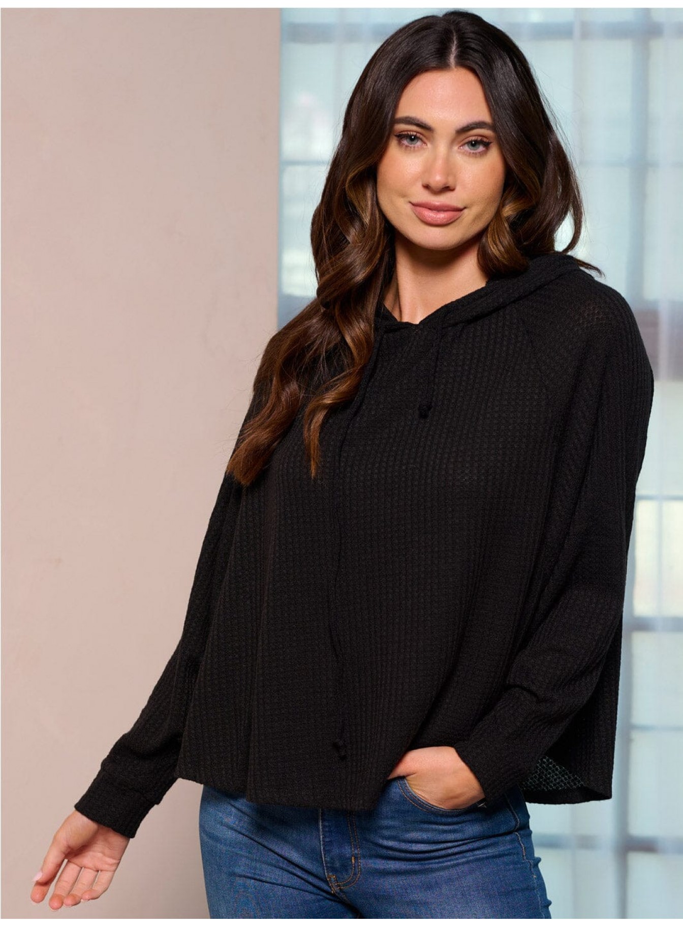 WOMEN'S LONG SLEEVE HOODED LOOSE FIT WAFFLE TOP WOMEN'S LONG SLEEVE HOODED LOOSE FIT WAFFLE TOP