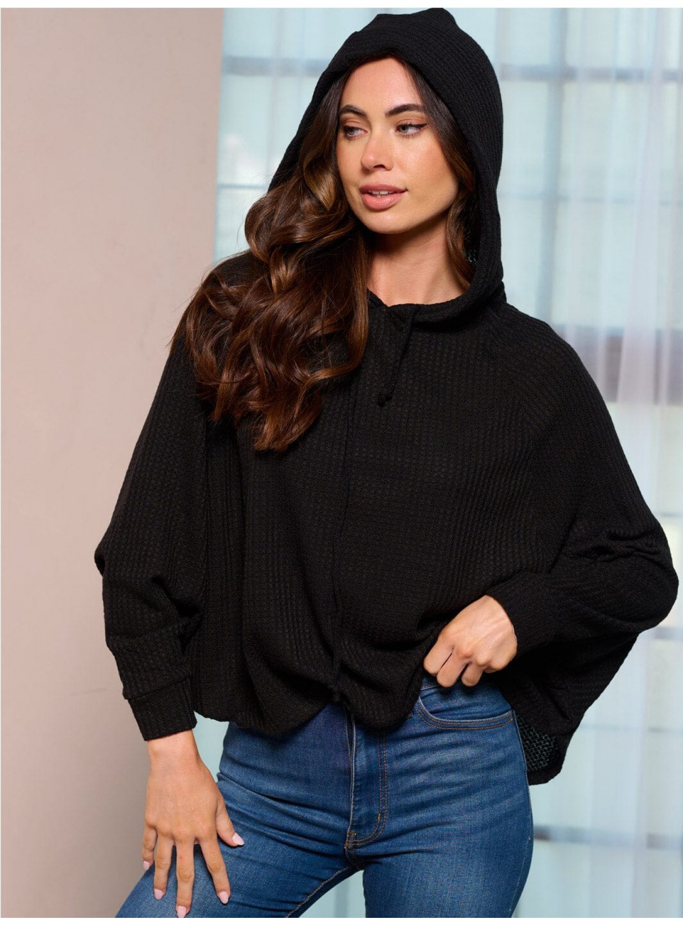 WOMEN'S LONG SLEEVE HOODED LOOSE FIT WAF...