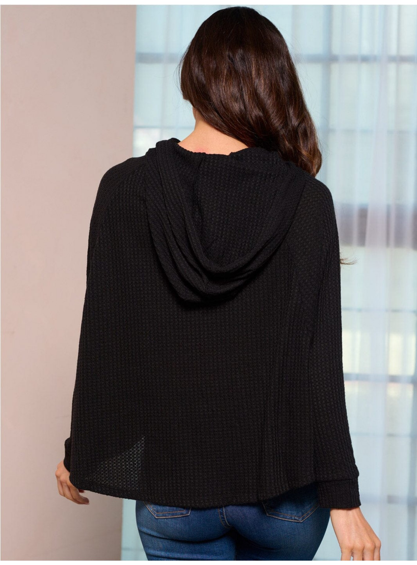 WOMEN'S LONG SLEEVE HOODED LOOSE FIT WAFFLE TOP WOMEN'S LONG SLEEVE HOODED LOOSE FIT WAFFLE TOP