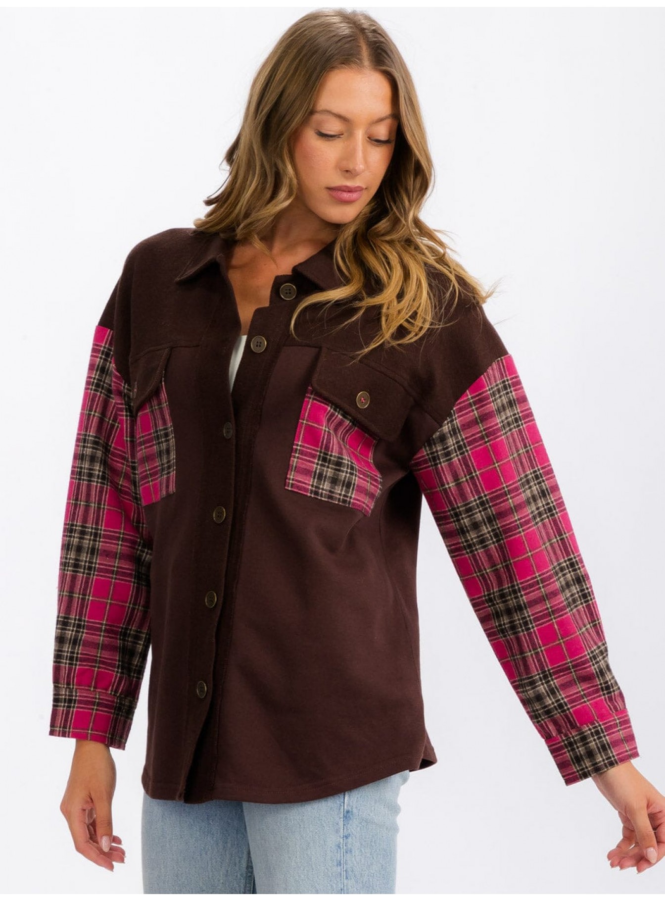 WOMEN'S LONG SLEEVE BUTTON UP FRONT POCKETS PLAID CONTRAST SHIRT WOMEN'S LONG SLEEVE BUTTON UP FRONT POCKETS PLAID CONTRAST SHIRT