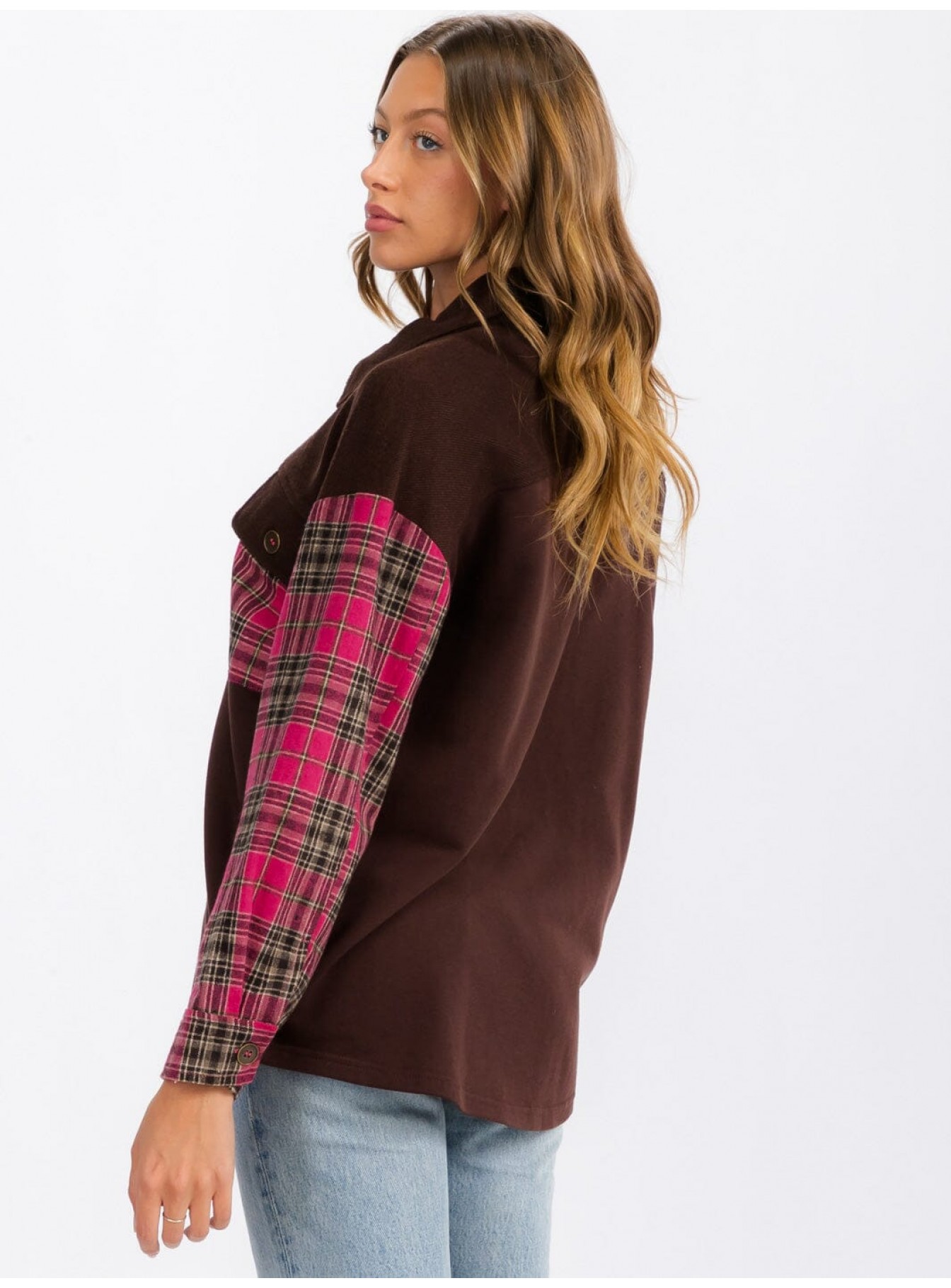 WOMEN'S LONG SLEEVE BUTTON UP FRONT POCKETS PLAID CONTRAST SHIRT WOMEN'S LONG SLEEVE BUTTON UP FRONT POCKETS PLAID CONTRAST SHIRT