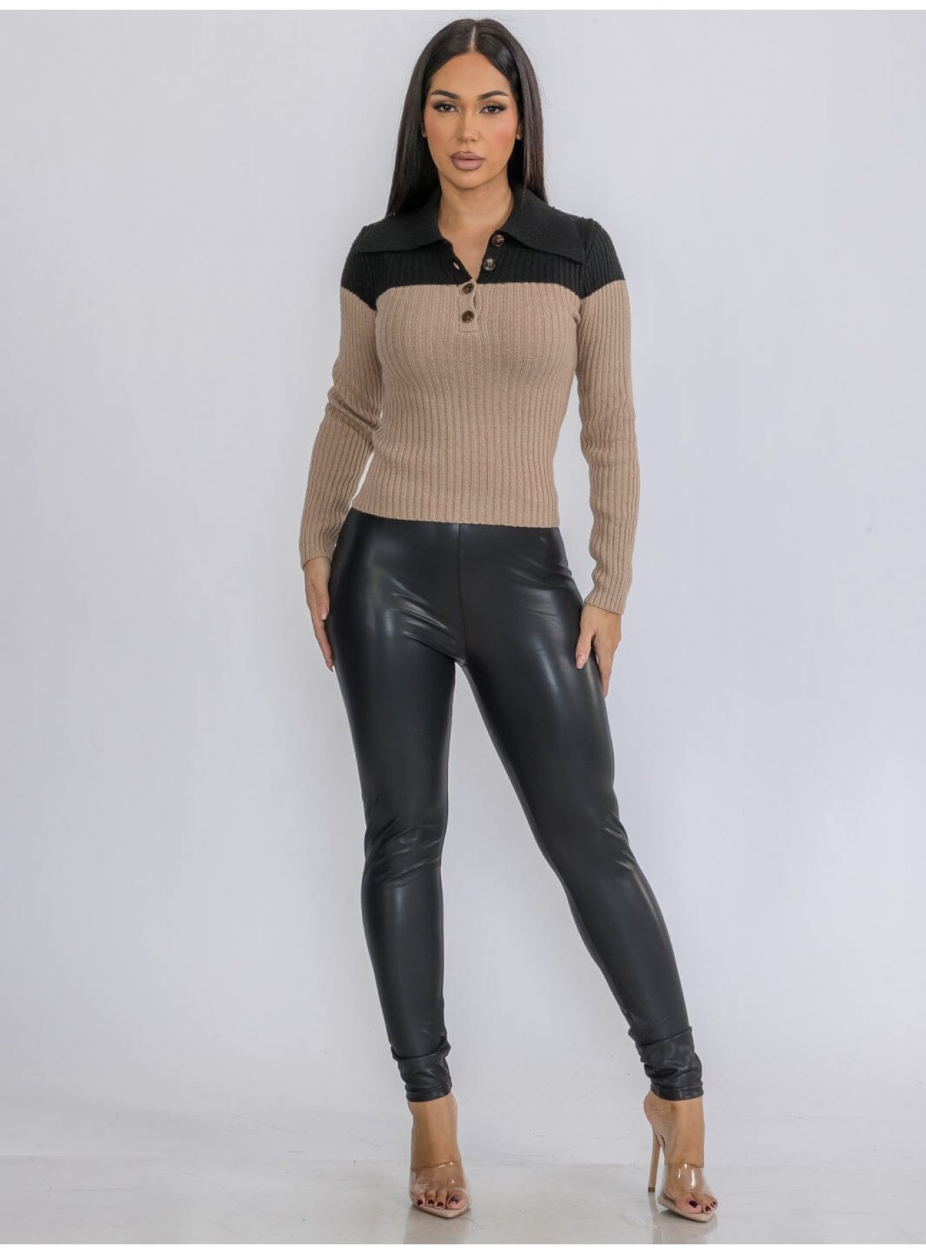 WOMEN'S LONG SLEEVE BUTTON UP RIBBED COLORBLOCK TOP WOMEN'S LONG SLEEVE BUTTON UP RIBBED COLORBLOCK TOP