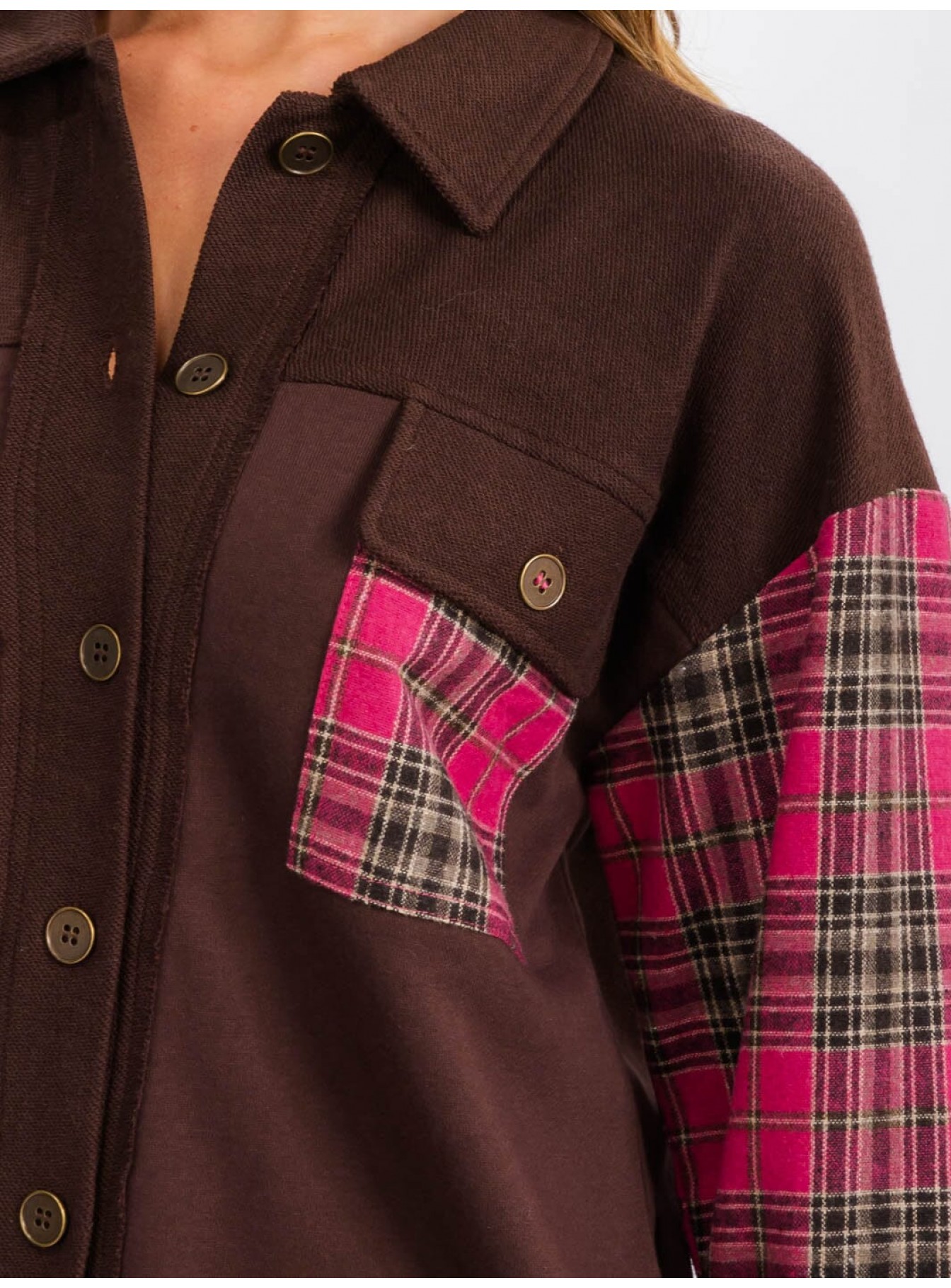 WOMEN'S LONG SLEEVE BUTTON UP FRONT POCKETS PLAID CONTRAST SHIRT WOMEN'S LONG SLEEVE BUTTON UP FRONT POCKETS PLAID CONTRAST SHIRT