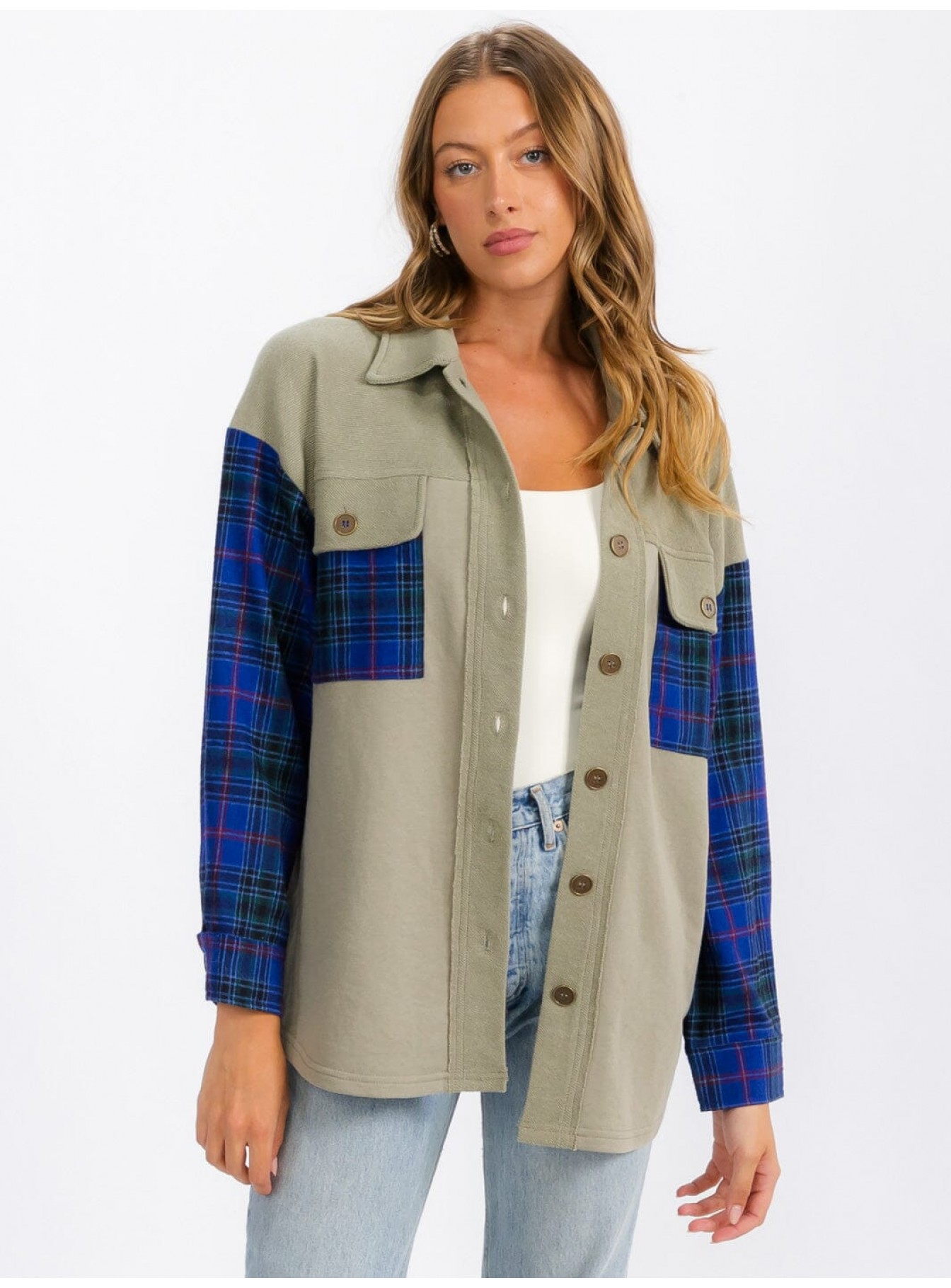 WOMEN'S LONG SLEEVE BUTTON UP FRONT POCKETS PLAID CONTRAST SHIRT WOMEN'S LONG SLEEVE BUTTON UP FRONT POCKETS PLAID CONTRAST SHIRT