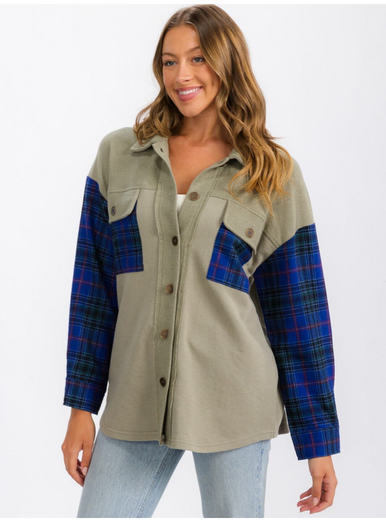 WOMEN'S LONG SLEEVE BUTTON UP FRONT POCKETS PLAID CONTRAST SHIRT WOMEN'S LONG SLEEVE BUTTON UP FRONT POCKETS PLAID CONTRAST SHIRT