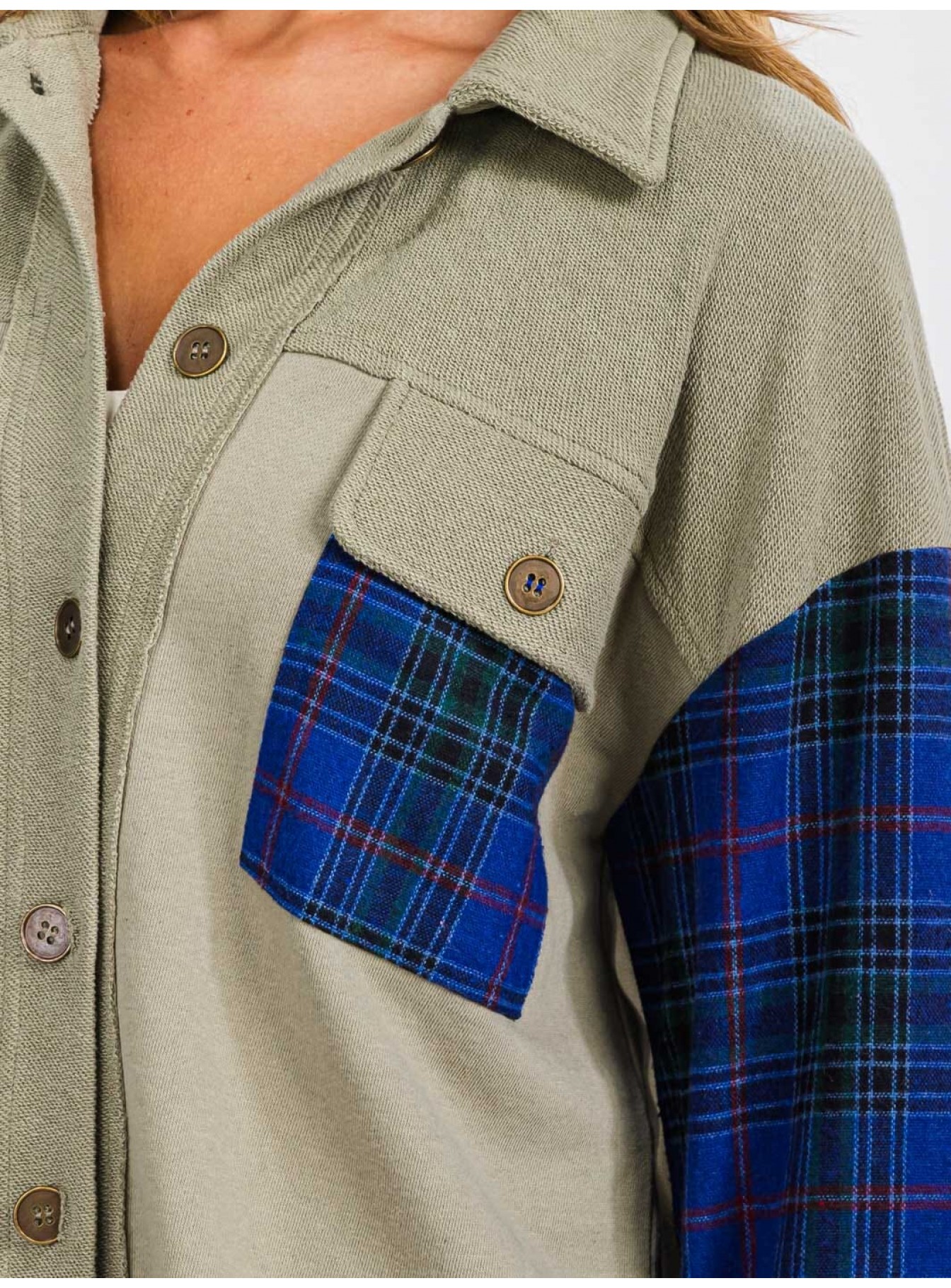 WOMEN'S LONG SLEEVE BUTTON UP FRONT POCKETS PLAID CONTRAST SHIRT WOMEN'S LONG SLEEVE BUTTON UP FRONT POCKETS PLAID CONTRAST SHIRT