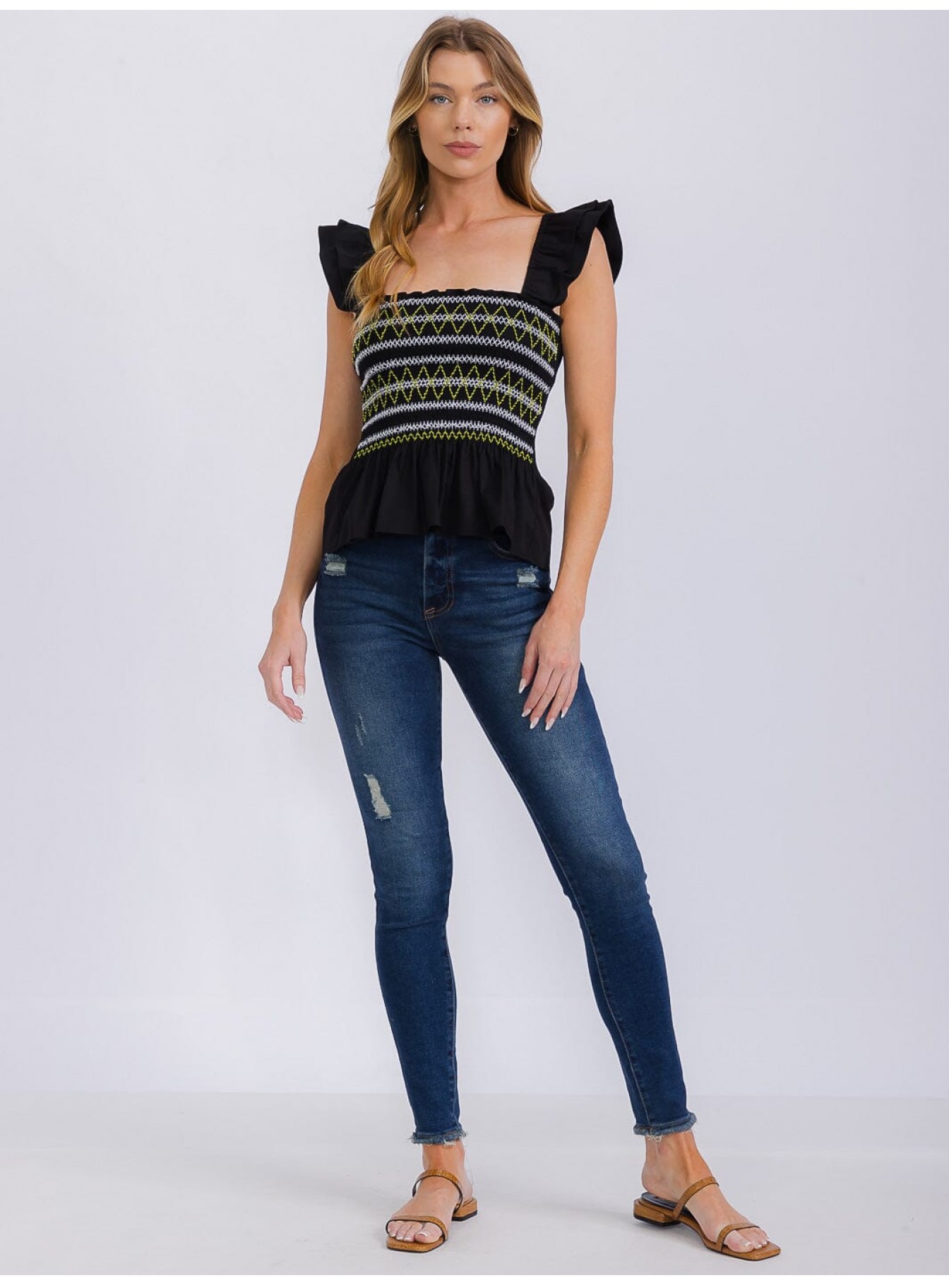 WOMEN'S SLEEVELESS SQUARE NECK SMOCK PEPLUM TANK TOP WOMEN'S SLEEVELESS SQUARE NECK SMOCK PEPLUM TANK TOP