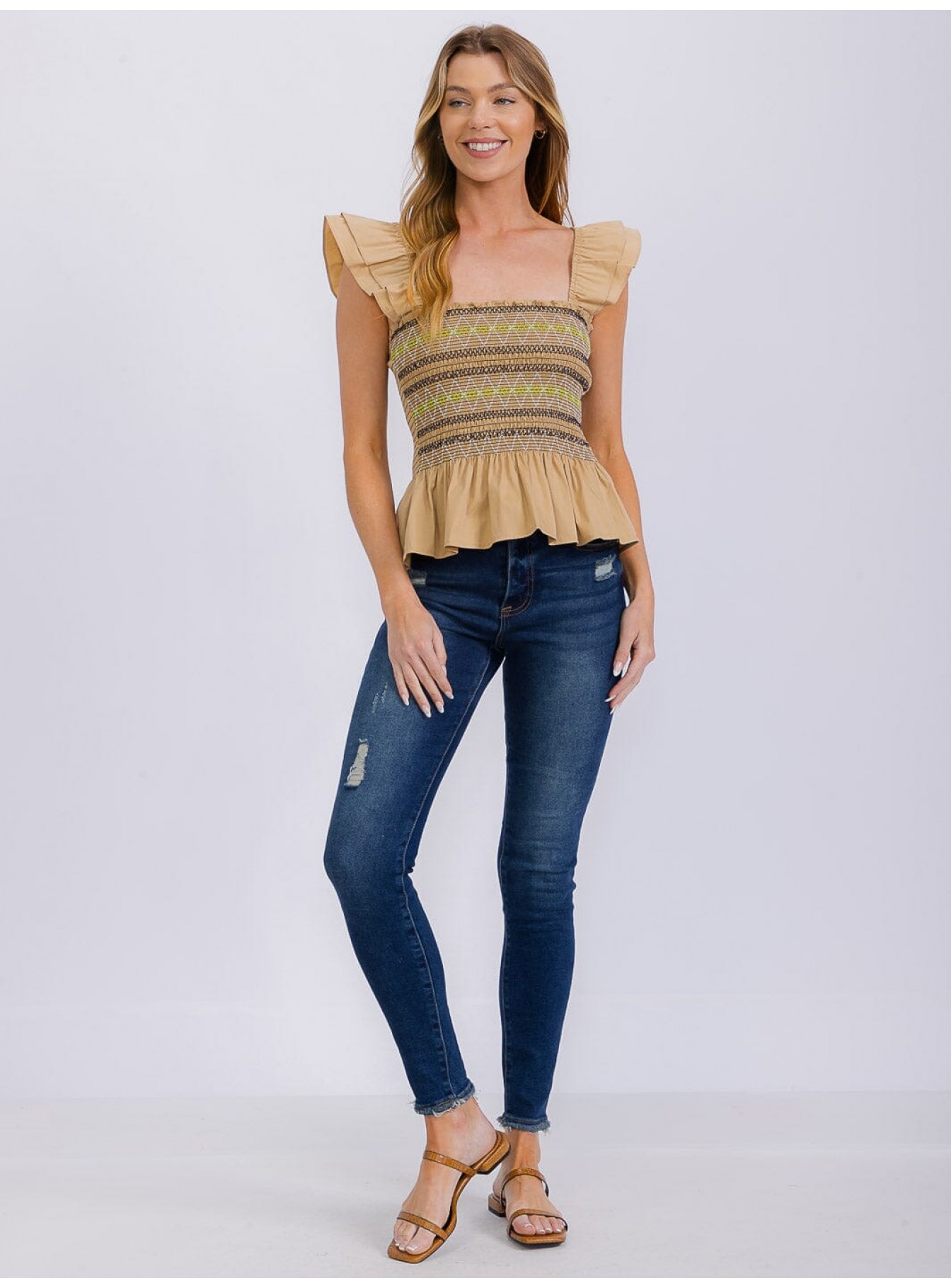 WOMEN'S SLEEVELESS SQUARE NECK SMOCK PEPLUM TANK TOP WOMEN'S SLEEVELESS SQUARE NECK SMOCK PEPLUM TANK TOP