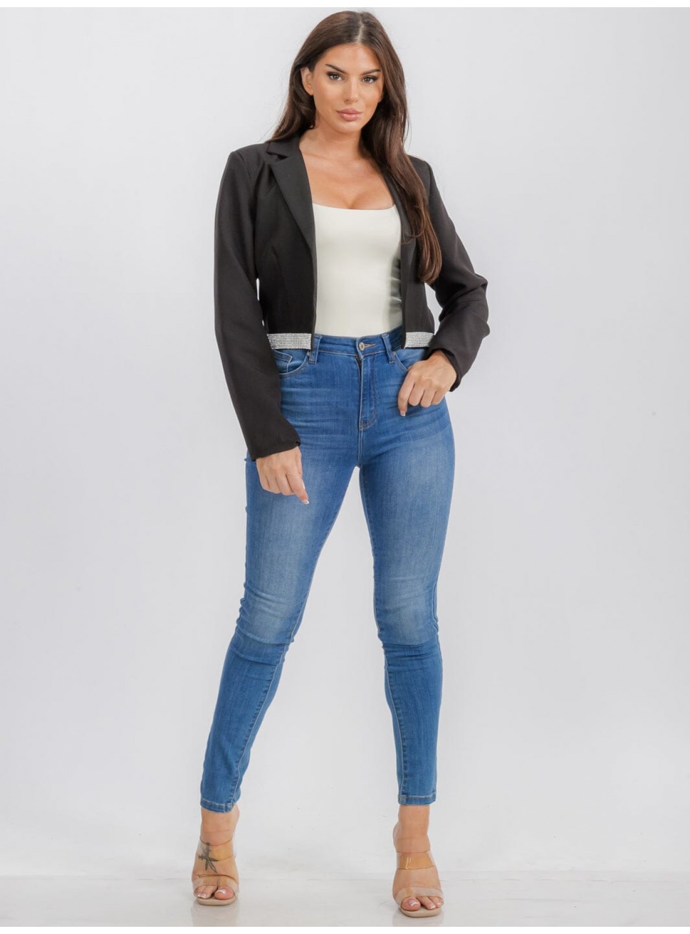 WOMEN'S LONG SLEEVE OPEN FRONT TRIM STUDS DETAILED BLAZER