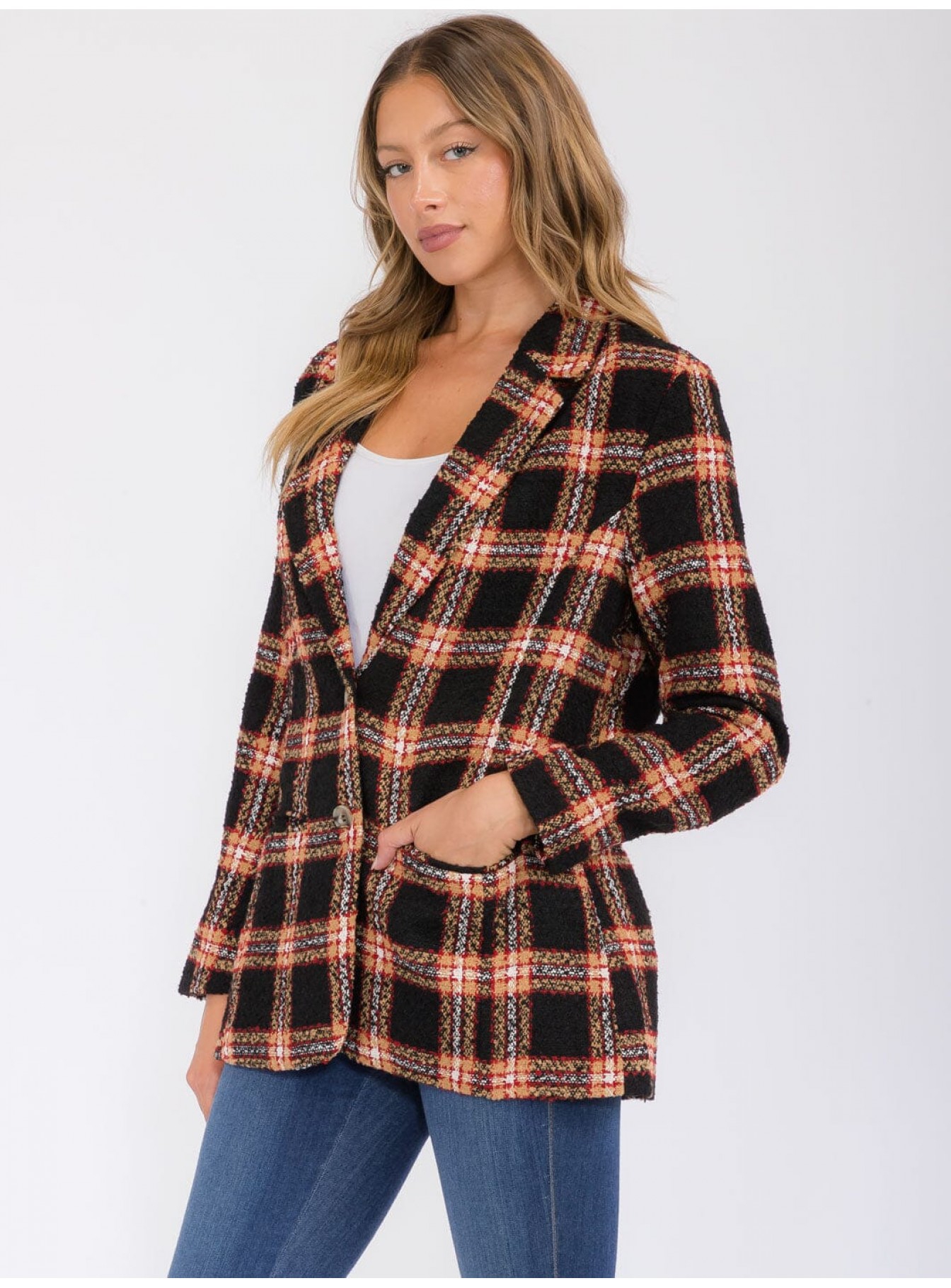 WOMEN'S LONG SLEEVE POCKETS BUTTON UP COLORBLOCK BLAZER WOMEN'S LONG SLEEVE POCKETS BUTTON UP COLORBLOCK BLAZER