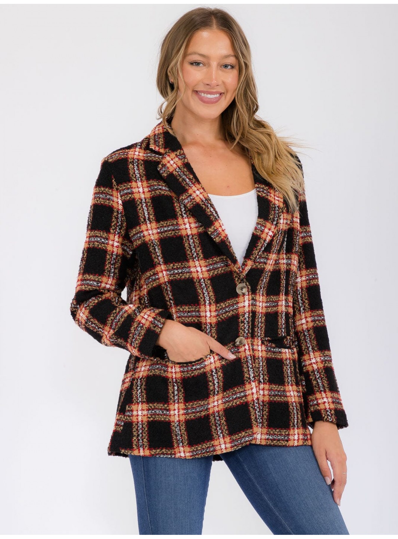 WOMEN'S LONG SLEEVE POCKETS BUTTON UP COLORBLOCK BLAZER WOMEN'S LONG SLEEVE POCKETS BUTTON UP COLORBLOCK BLAZER