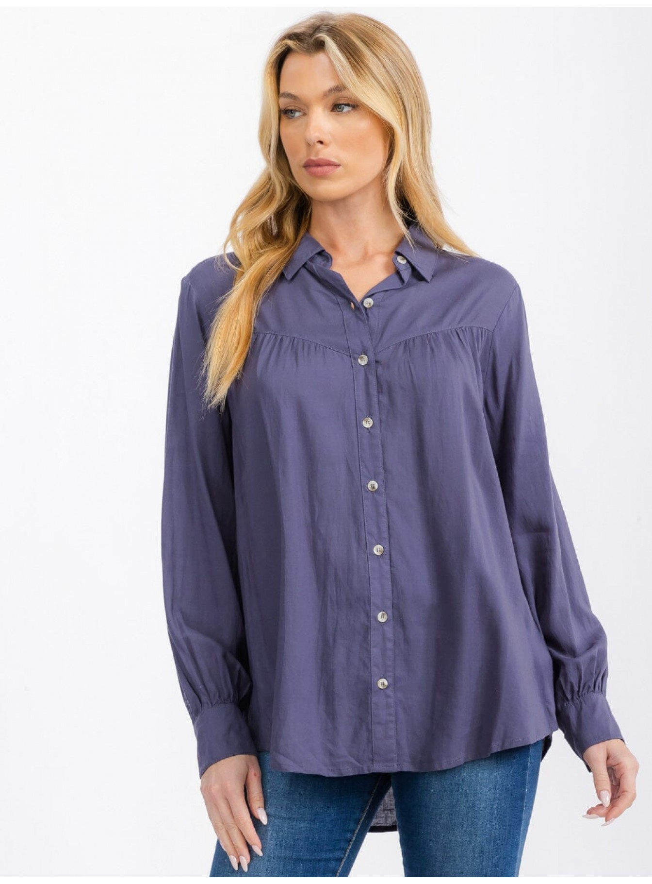 WOMEN'S LONG SLEEVE BUTTON UP LINEN BLOU...