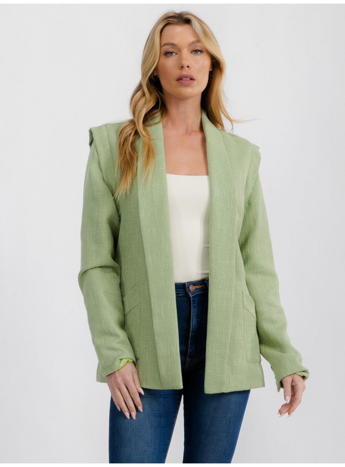 WOMEN'S LONG SLEEVE OPEN FRONT SHOULDER DETAILED BLAZER