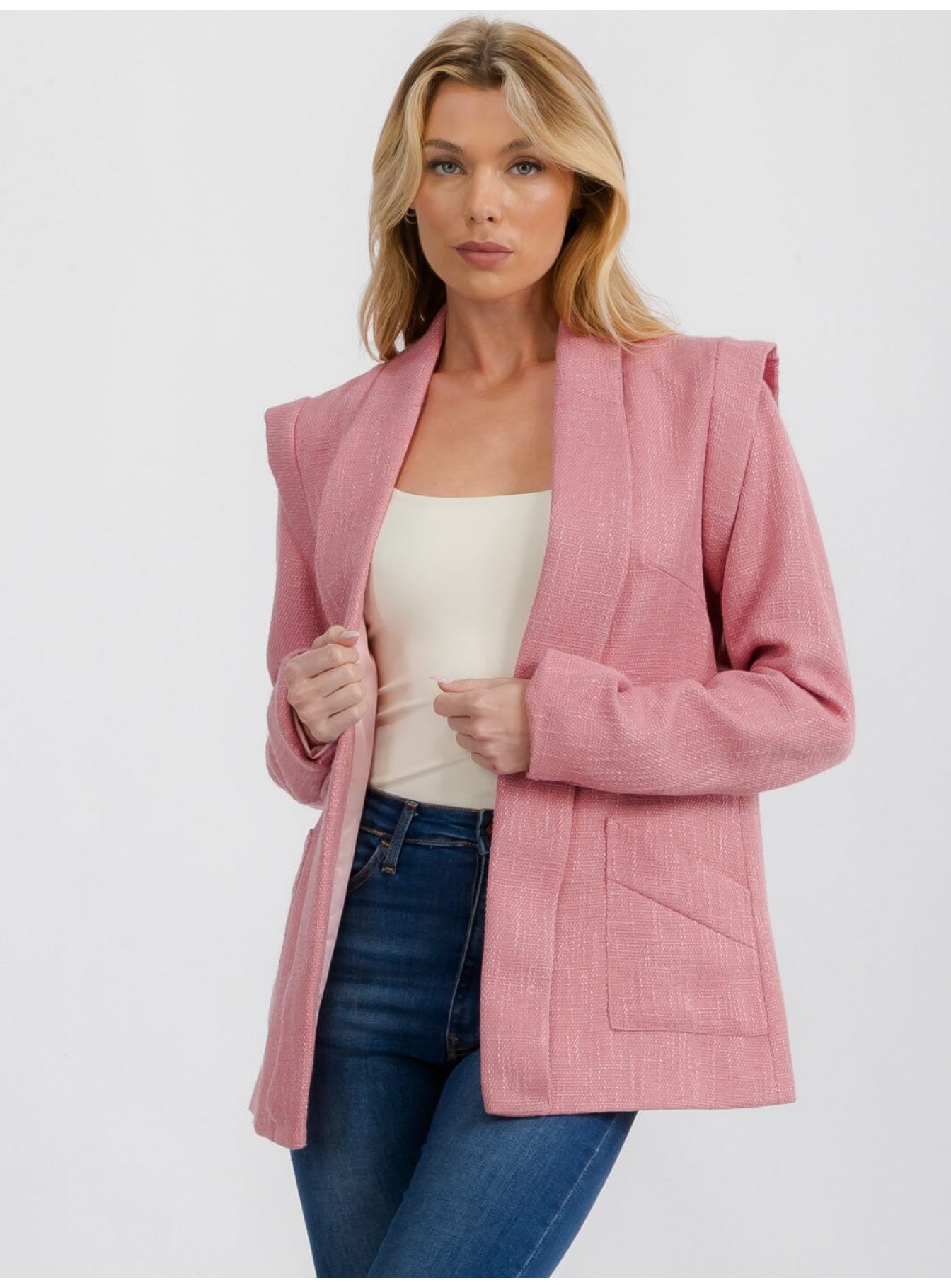 WOMEN'S LONG SLEEVE OPEN FRONT SHOULDER DETAILED BLAZER