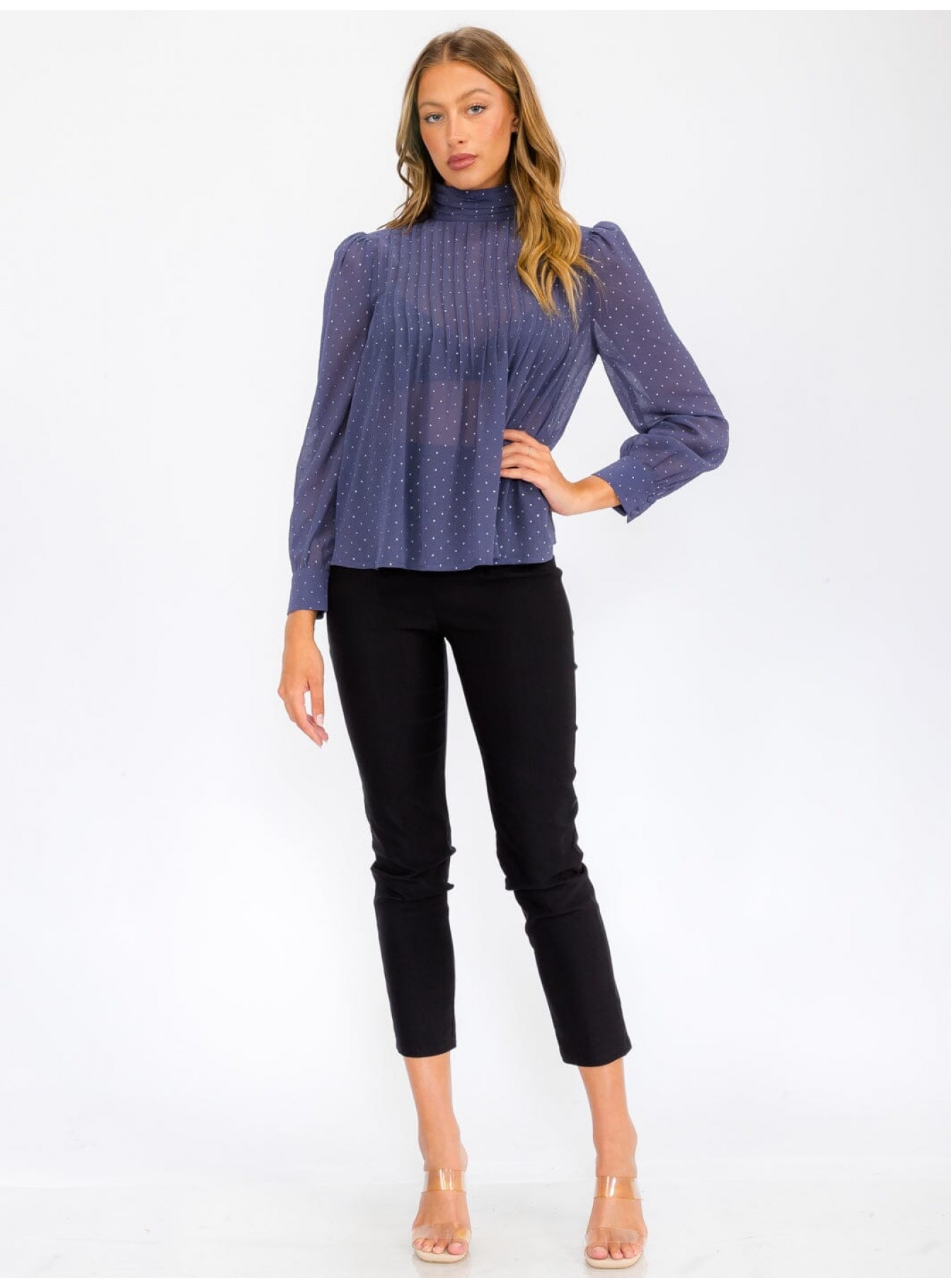 WOMEN'S LONG SLEEVE TURTLE NECK SHIMMER BLOUSE