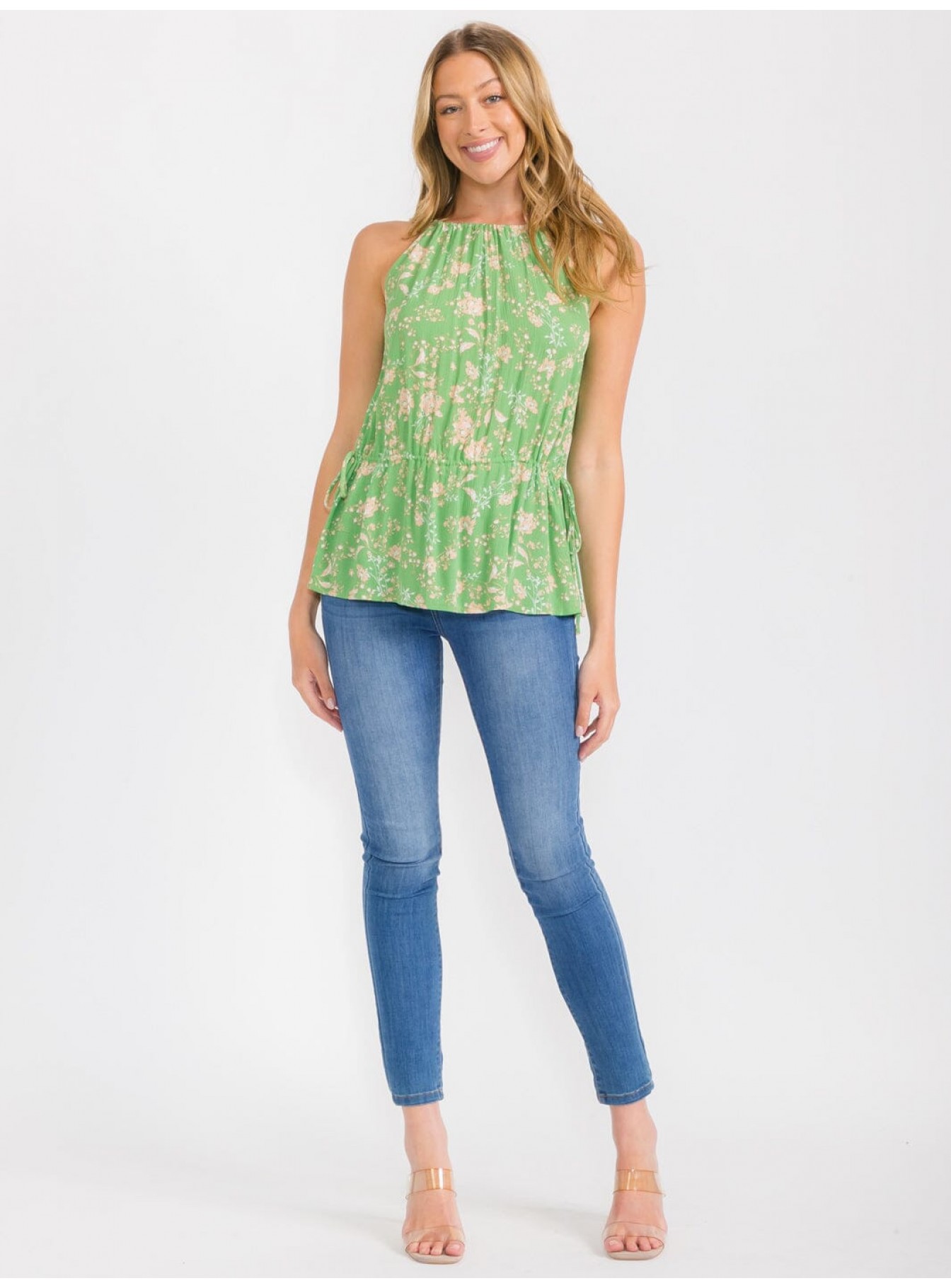 WOMEN'S SLEEVELESS OPEN BACK ADJUSTABLE WAIST FLORAL TOP WOMEN'S SLEEVELESS OPEN BACK ADJUSTABLE WAIST FLORAL TOP