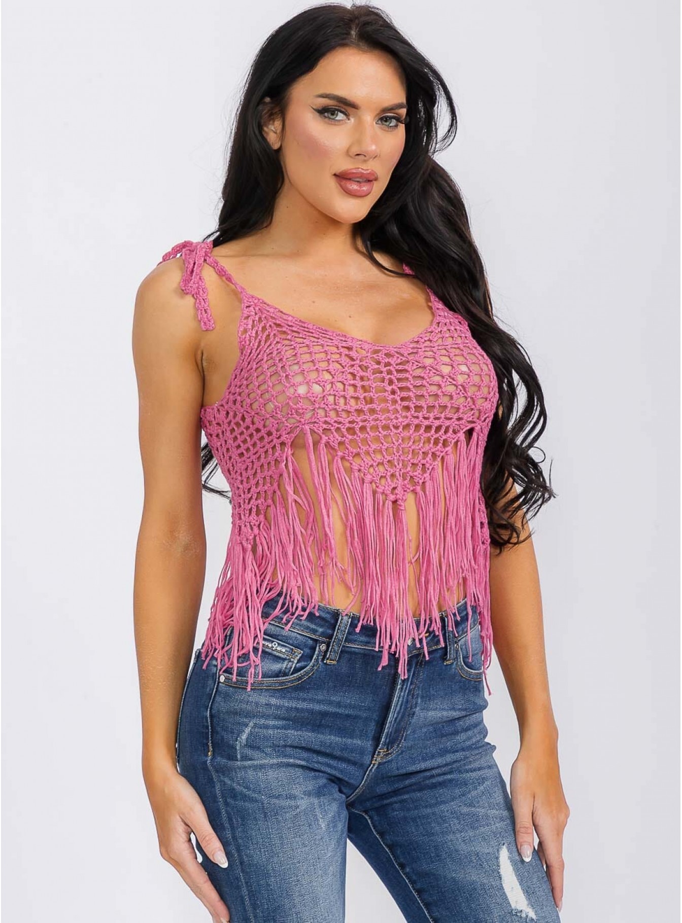 WOMEN'S SLEEVELESS V-NECK KNITTED FRINGE TANK TOP