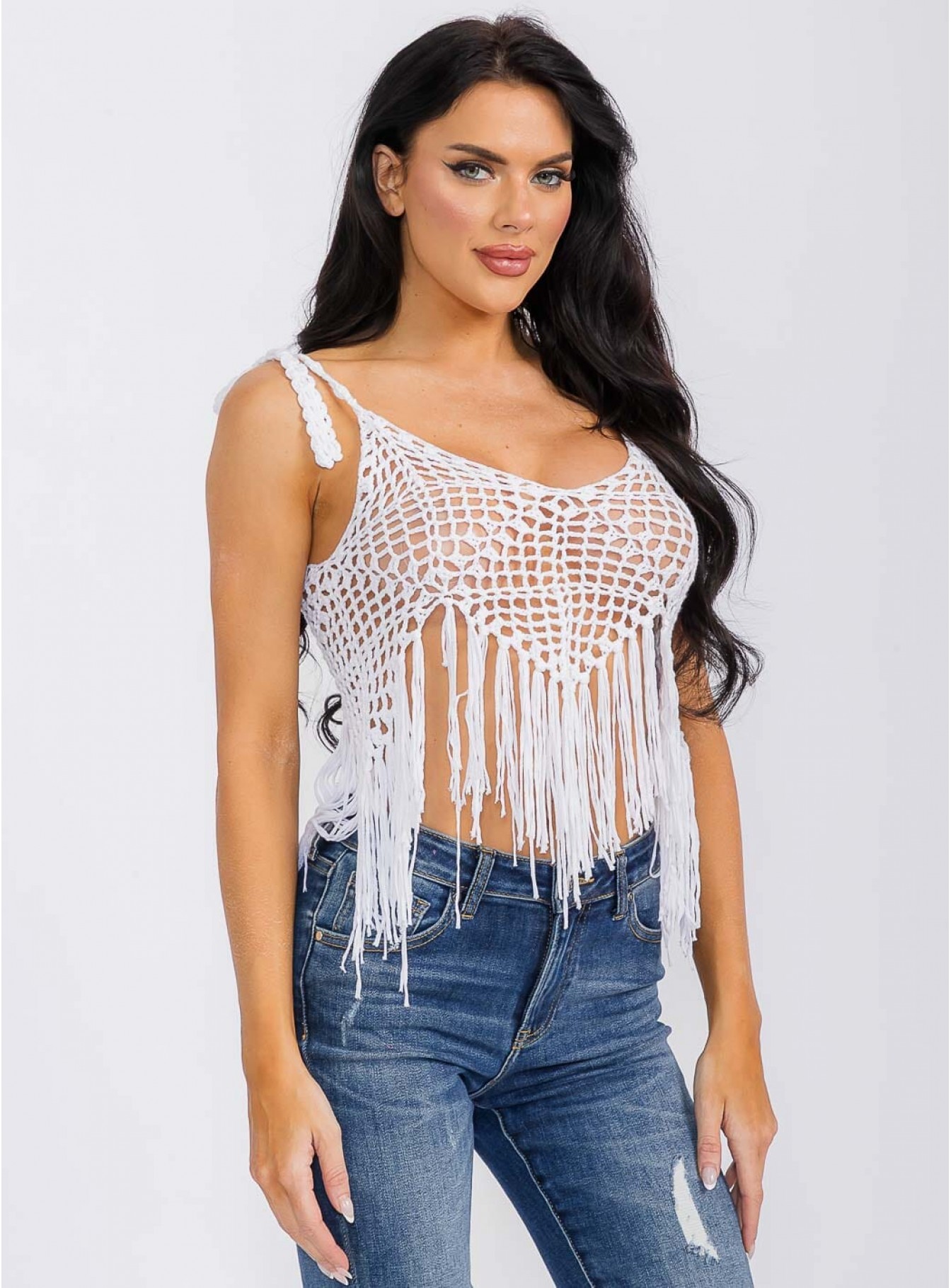 WOMEN'S SLEEVELESS V-NECK KNITTED FRINGE TANK TOP