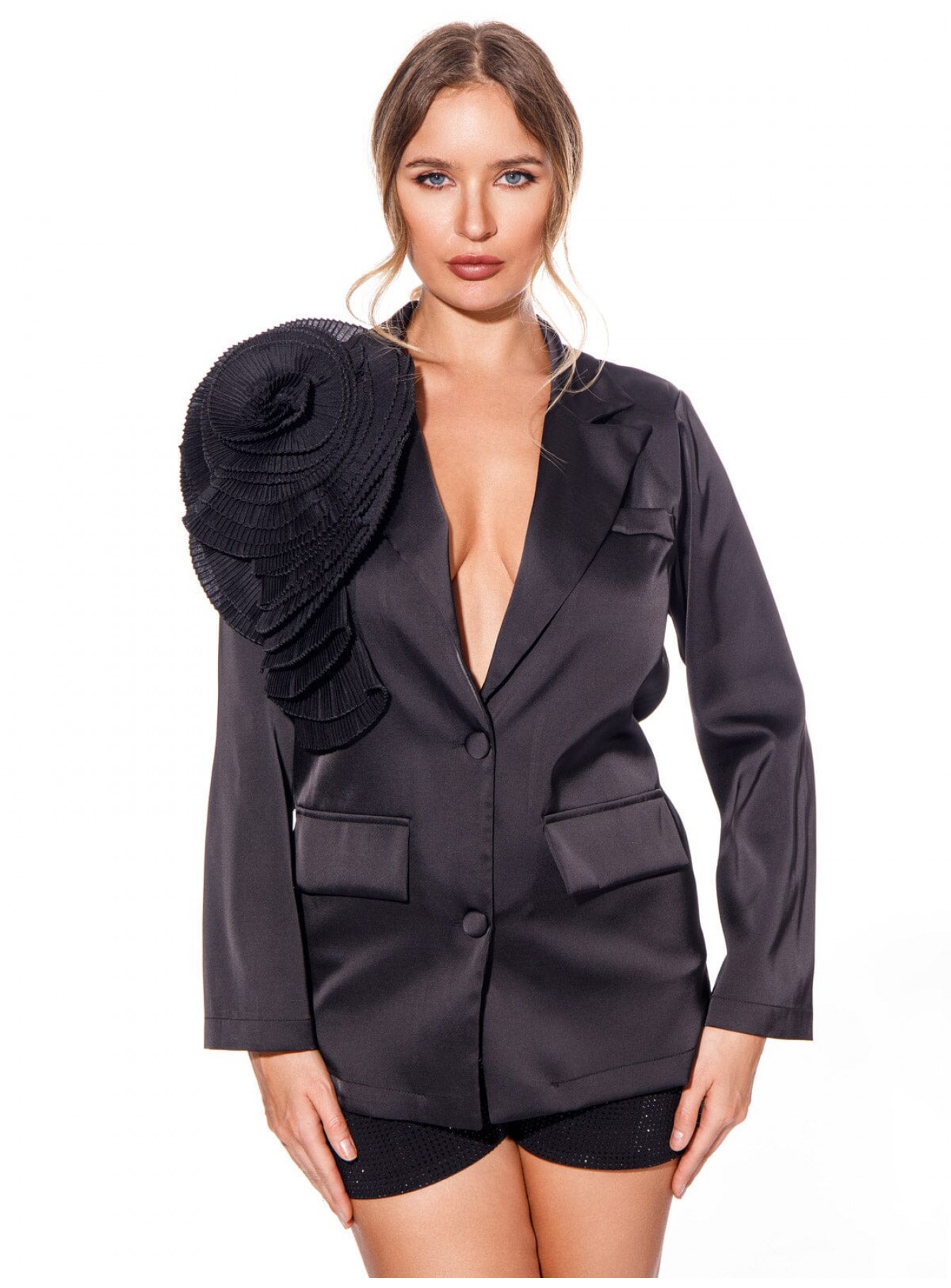 WOMEN'S LONG SLEEVE BUTTON CLOSURE FRONT DETAILED SATIN BLAZER