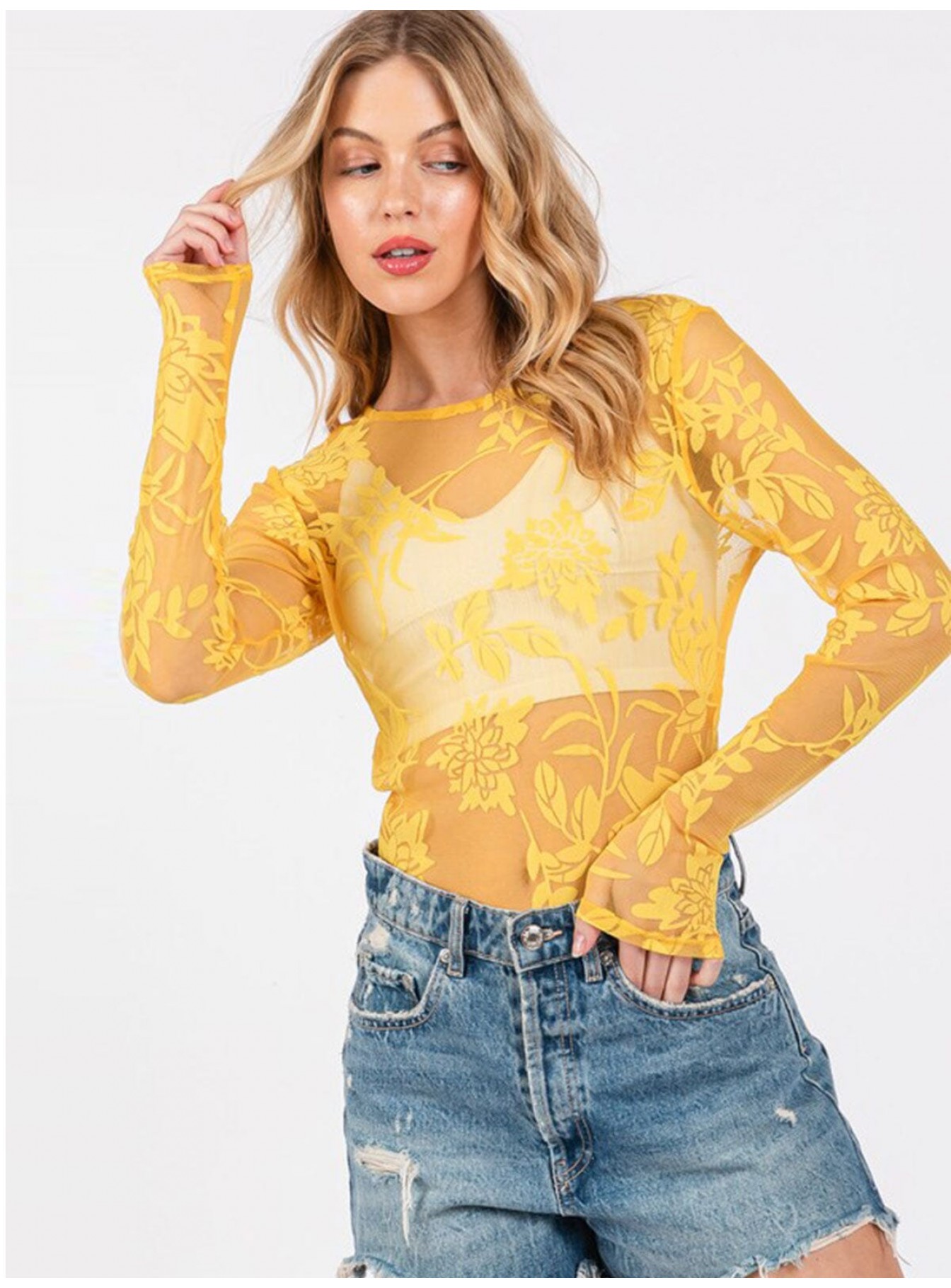 WOMEN'S LONG SLEEVE MESH PRINTED BODYSUIT