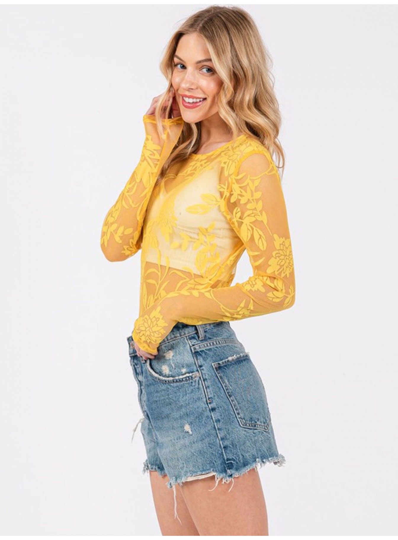 WOMEN'S LONG SLEEVE MESH PRINTED BODYSUIT