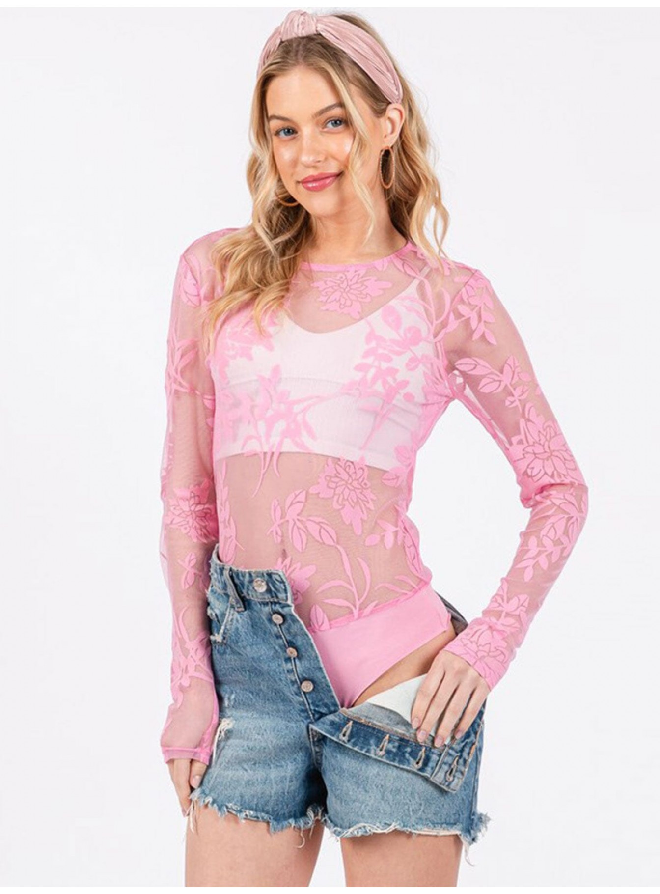 WOMEN'S LONG SLEEVE MESH PRINTED BODYSUIT