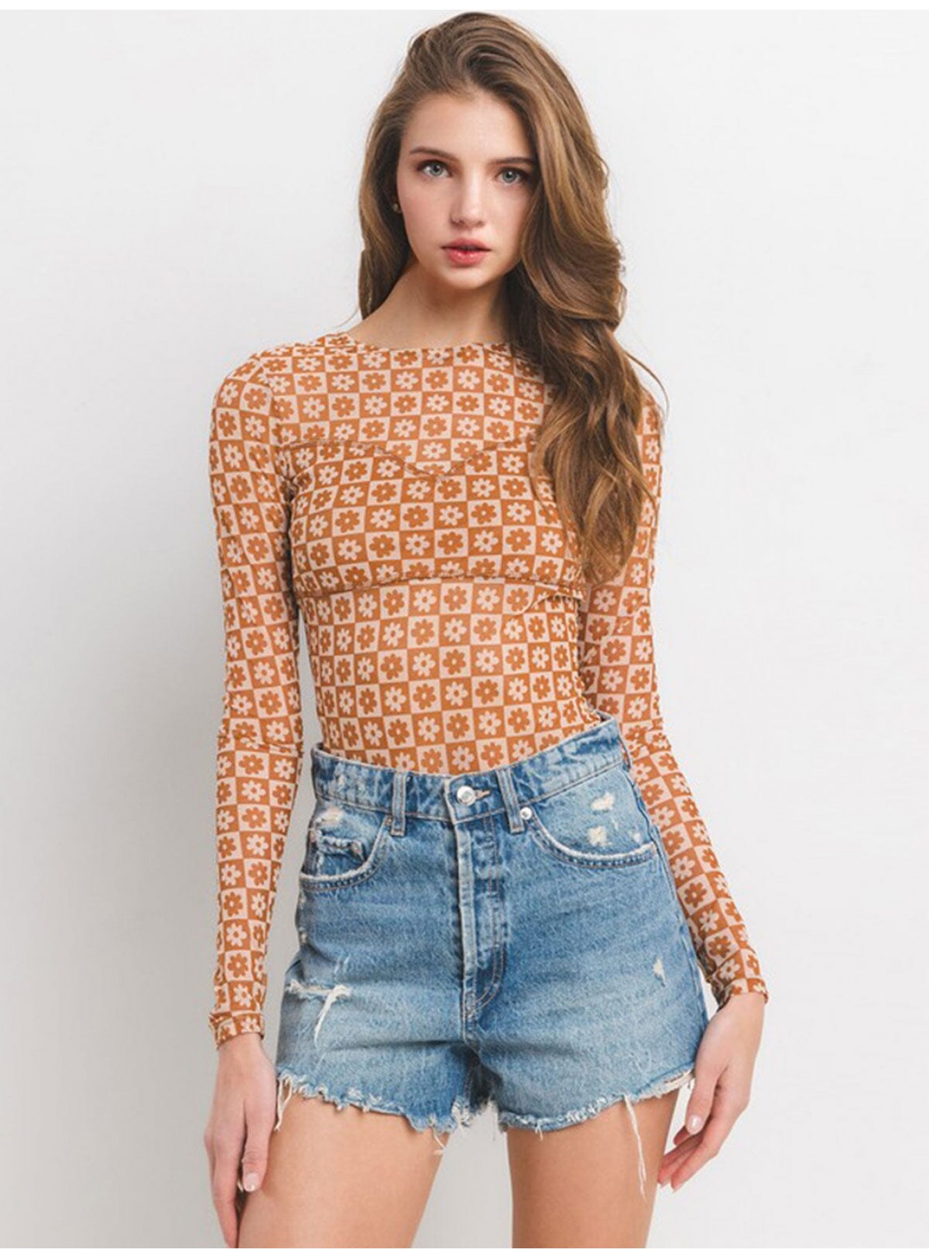 WOMEN'S LONG SLEEVE FLORAL PRINT MESH BODYSUIT WOMEN'S LONG SLEEVE FLORAL PRINT MESH BODYSUIT