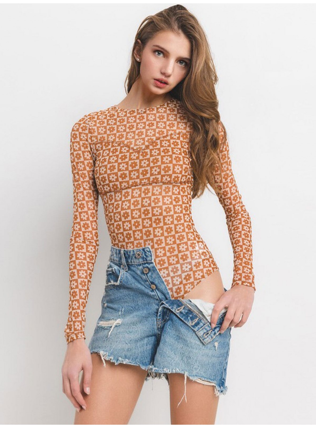 WOMEN'S LONG SLEEVE FLORAL PRINT MESH BO...