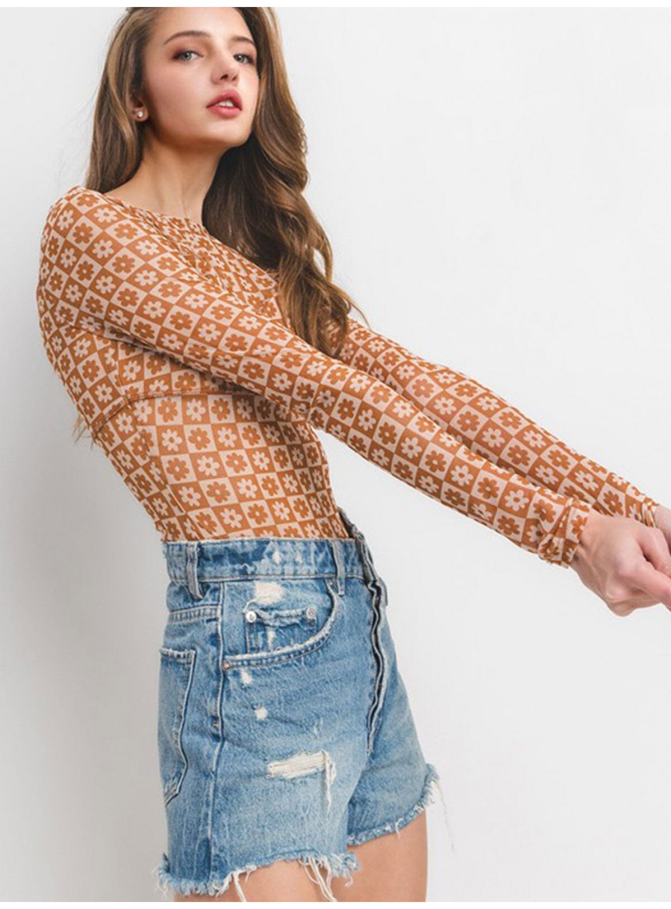 WOMEN'S LONG SLEEVE FLORAL PRINT MESH BODYSUIT WOMEN'S LONG SLEEVE FLORAL PRINT MESH BODYSUIT