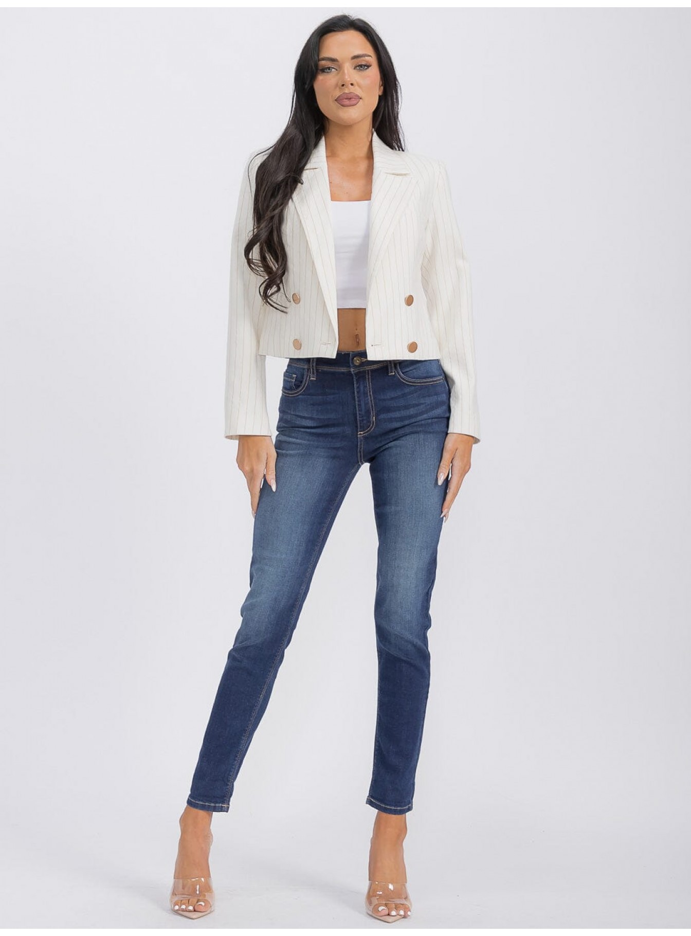 WOMEN'S LONG SLEEVE BUTTON CLOSURE SRTIP...