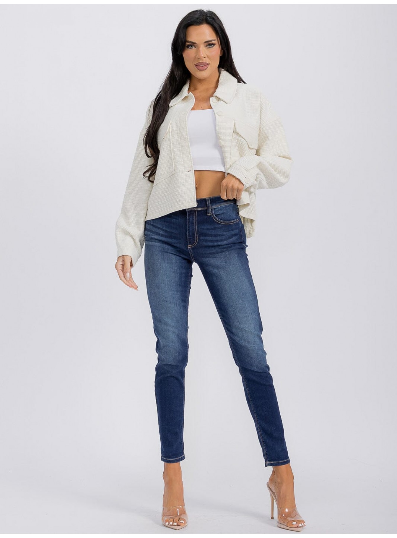 WOMEN'S LONG SLEEVE FRONT POCKET BUTTON CLOSURE TWEED BLAZER WOMEN'S LONG SLEEVE FRONT POCKET BUTTON CLOSURE TWEED BLAZER