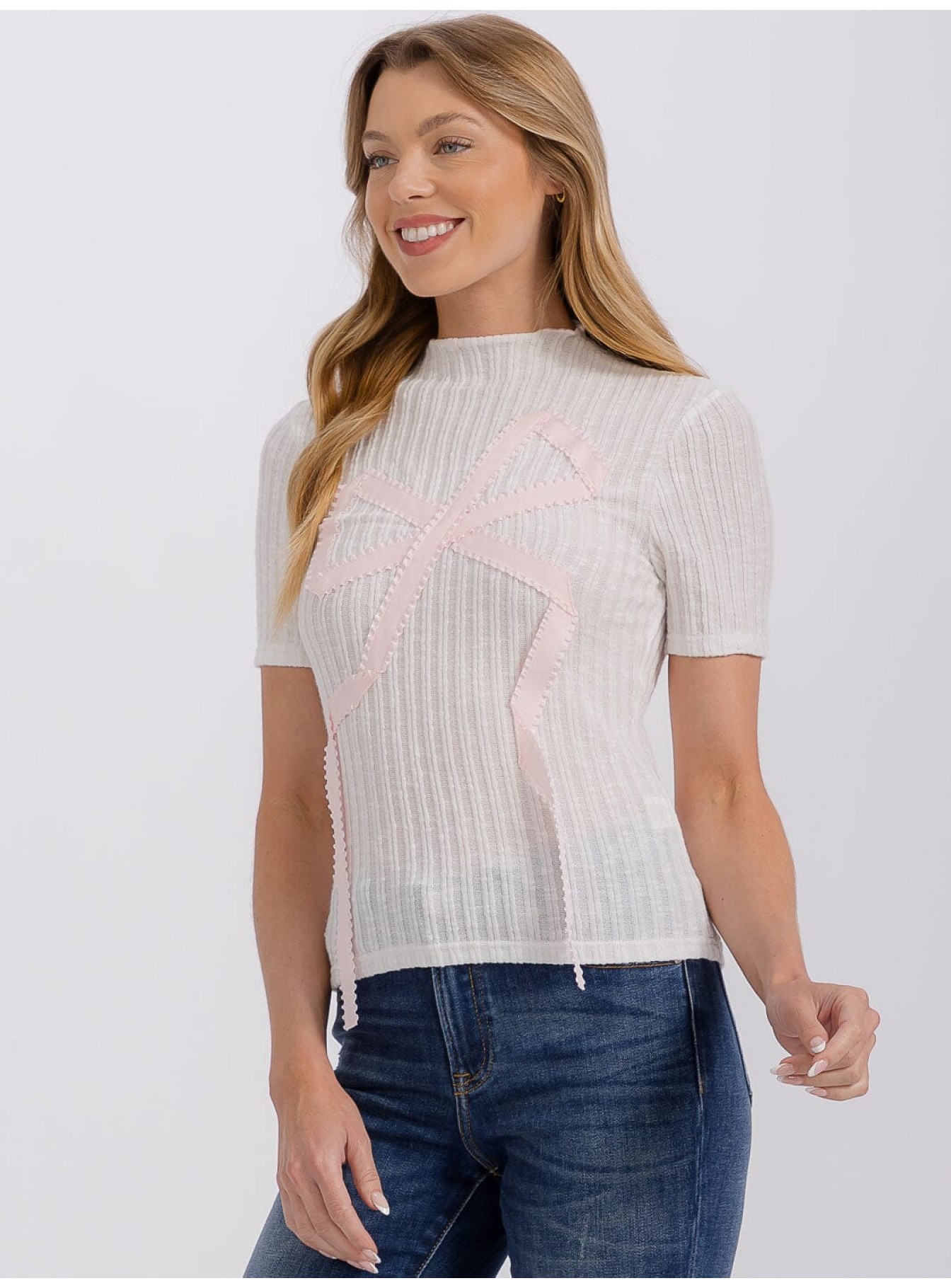 WOMEN'S SHORT SLEEVE MOCK NECK BOW DETAI...