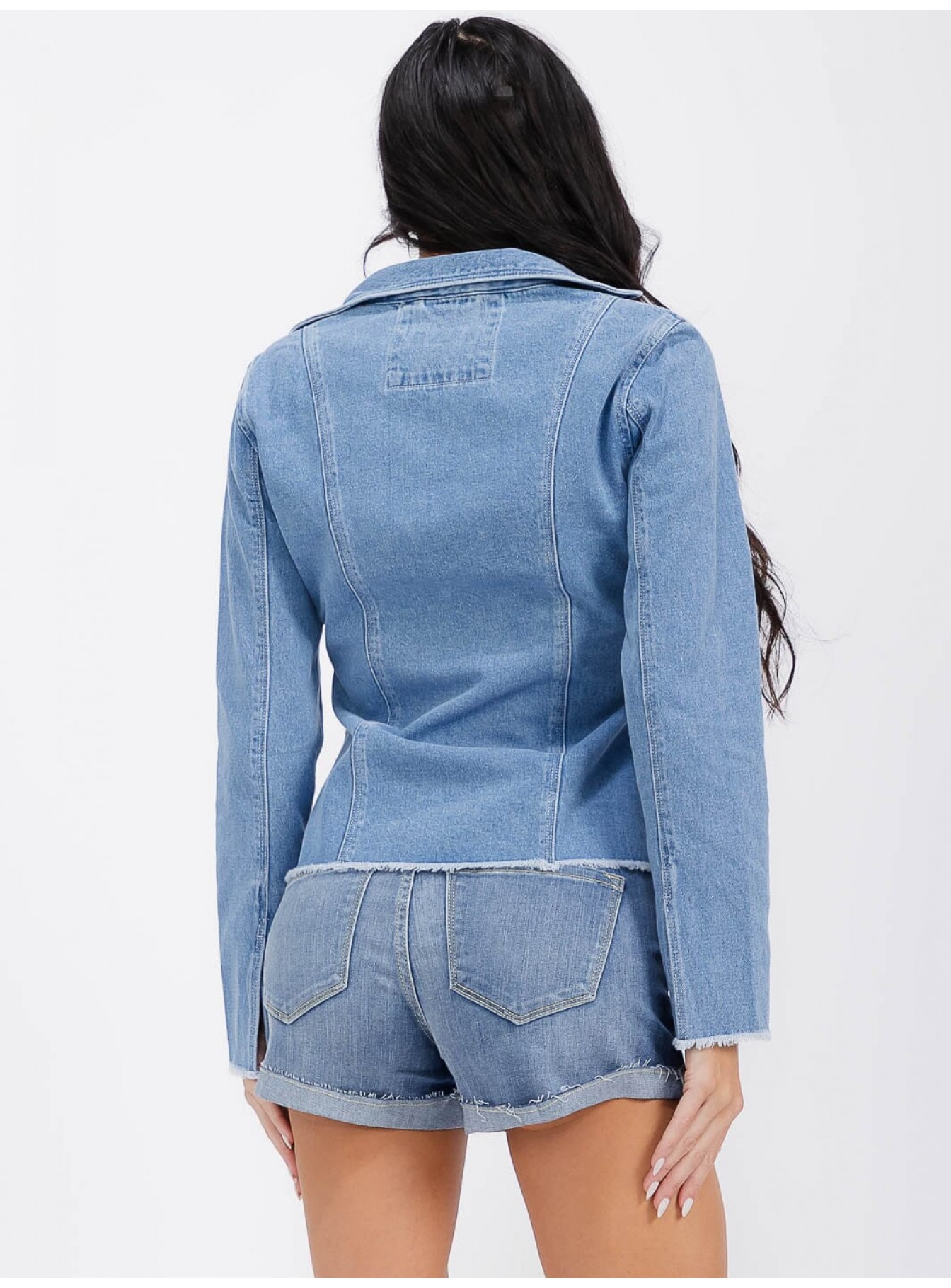 WOMEN'S LONG SLEEVE OPEN FRONT SELF TIE DENIM BLAZER WOMEN'S LONG SLEEVE OPEN FRONT SELF TIE DENIM BLAZER