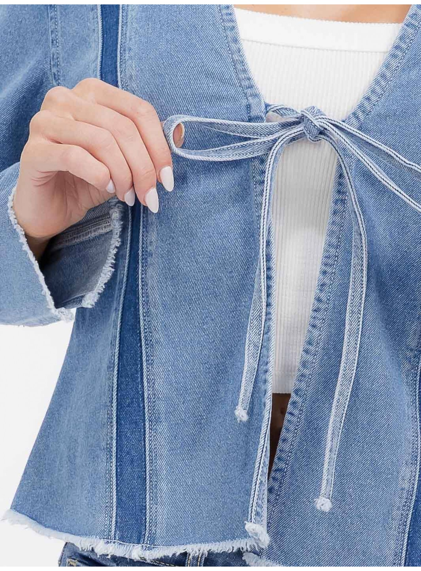 WOMEN'S LONG SLEEVE OPEN FRONT SELF TIE DENIM BLAZER WOMEN'S LONG SLEEVE OPEN FRONT SELF TIE DENIM BLAZER