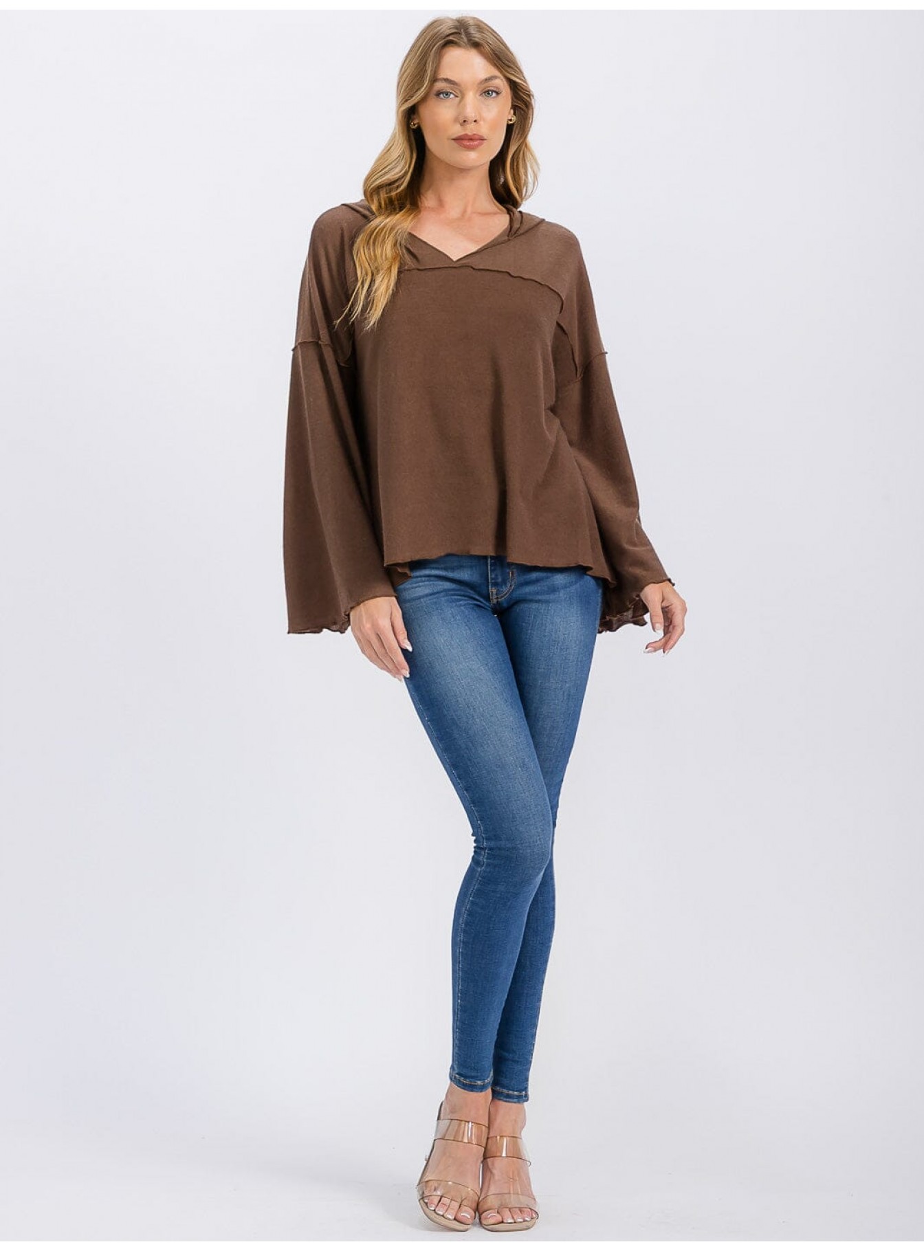 WOMEN'S LONG BELL SLEEVE V-NECK HOODED OVERSIZED TOP WOMEN'S LONG BELL SLEEVE V-NECK HOODED OVERSIZED TOP