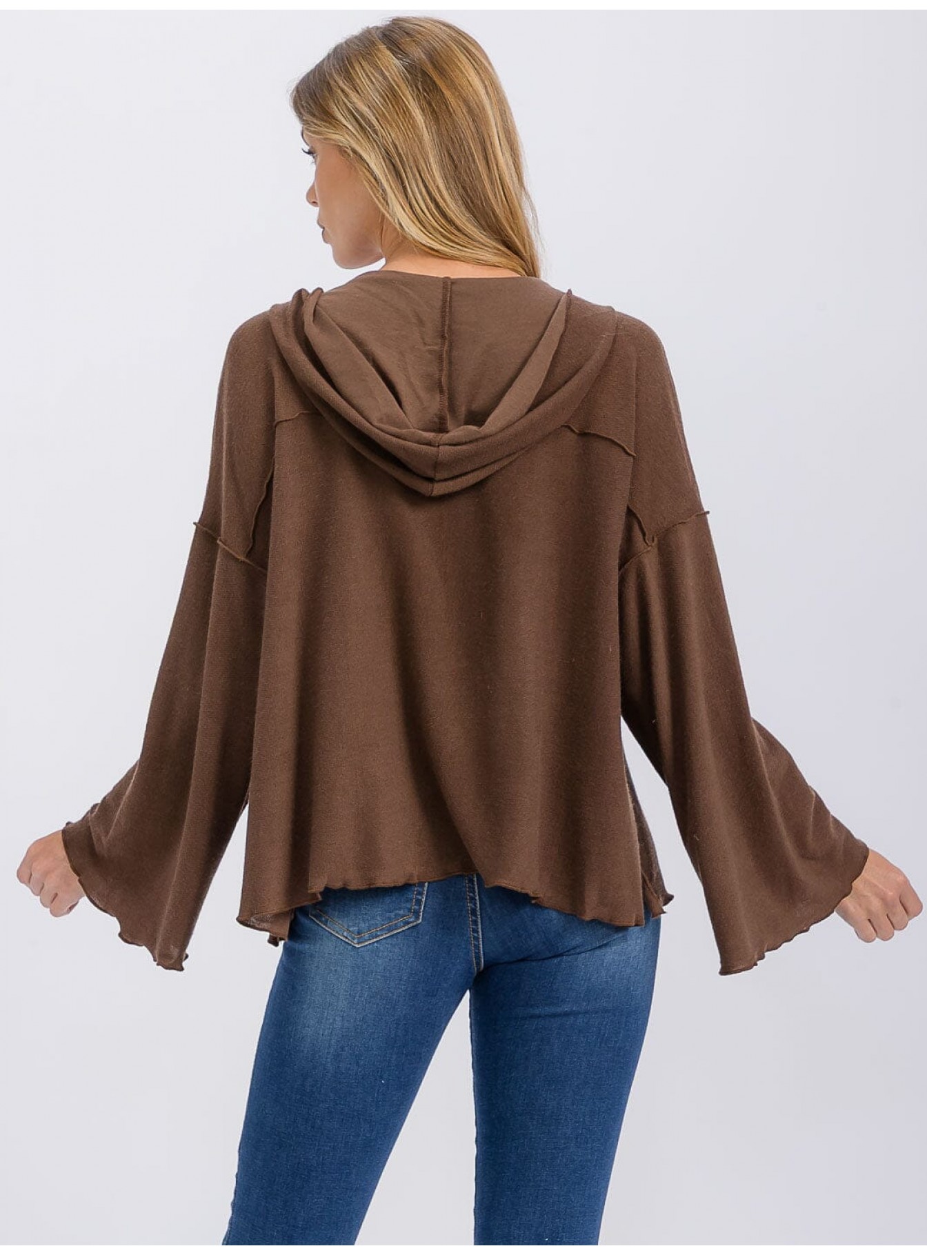 WOMEN'S LONG BELL SLEEVE V-NECK HOODED OVERSIZED TOP WOMEN'S LONG BELL SLEEVE V-NECK HOODED OVERSIZED TOP