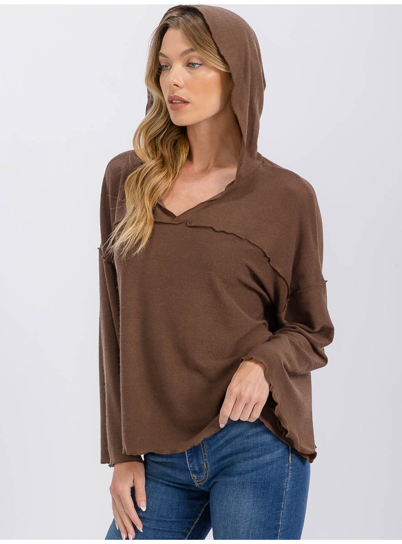 WOMEN'S LONG BELL SLEEVE V-NECK HOODED OVERSIZED TOP WOMEN'S LONG BELL SLEEVE V-NECK HOODED OVERSIZED TOP