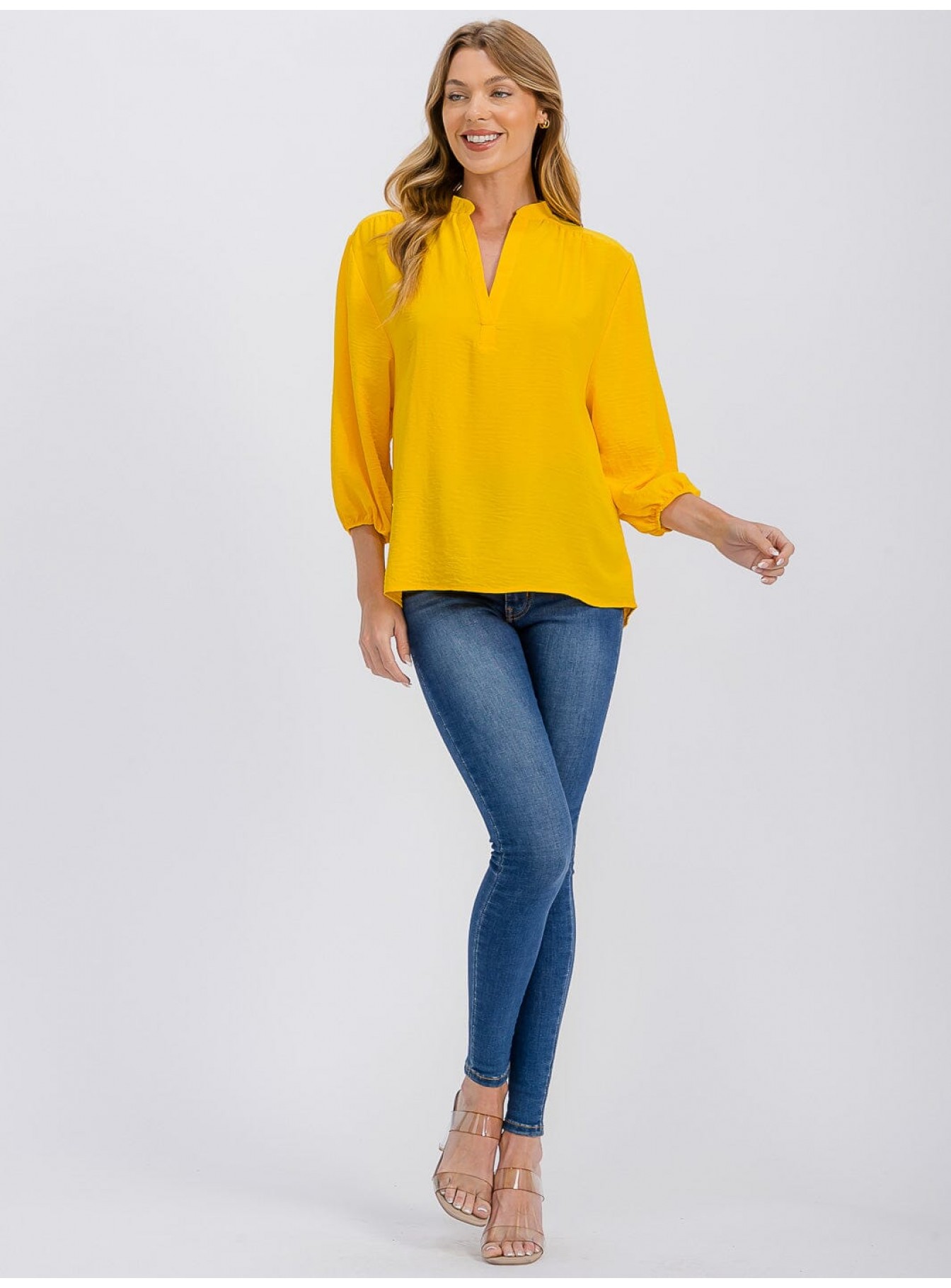 WOMEN'S 3/4 SLEEVE V-NECK HIGH-LOW BLOUSE WOMEN'S 3/4 SLEEVE V-NECK HIGH-LOW BLOUSE