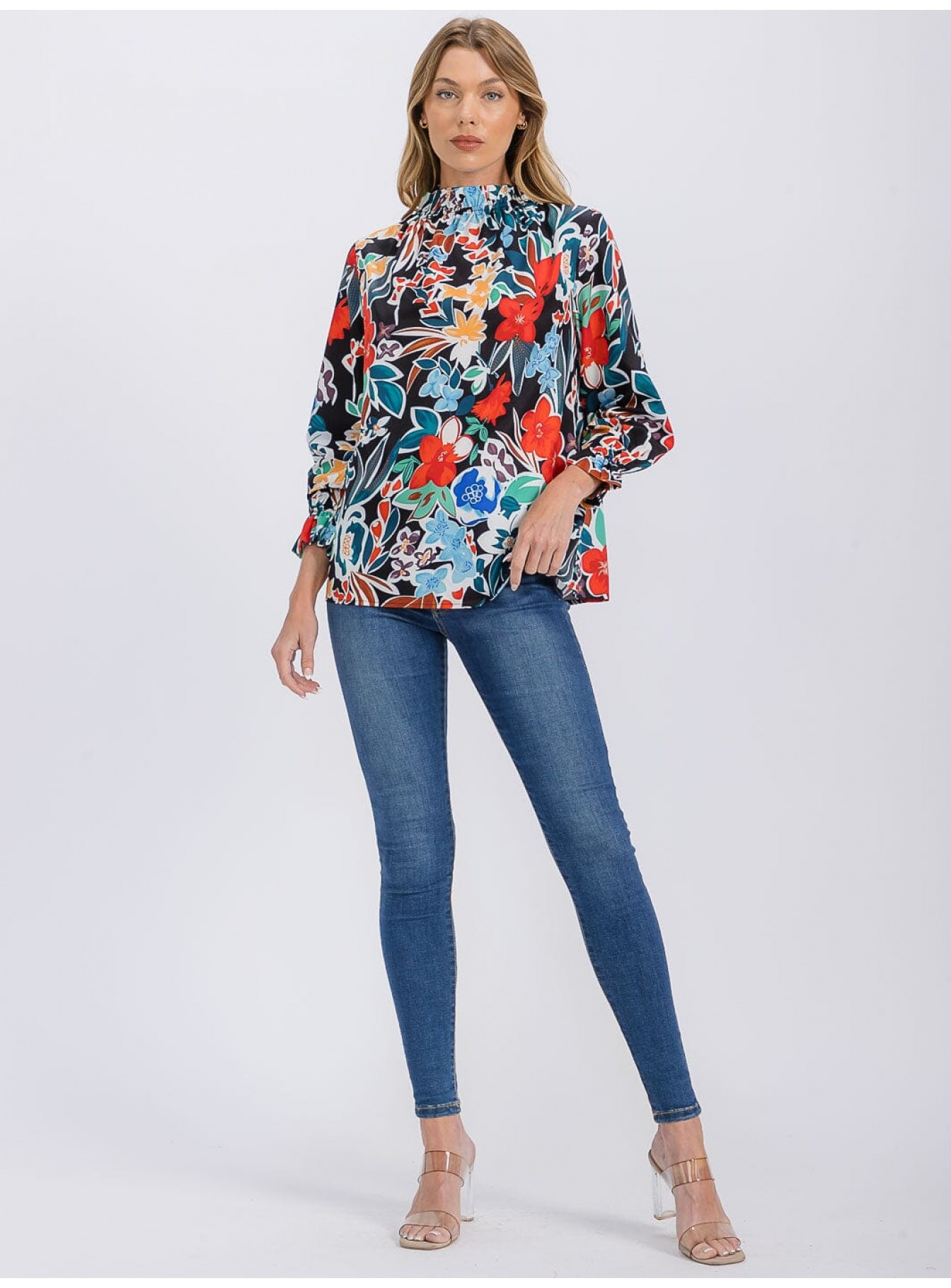 WOMEN'S 3/4 SLEEVE MOCK NECK FLORAL BLOUSE WOMEN'S 3/4 SLEEVE MOCK NECK FLORAL BLOUSE
