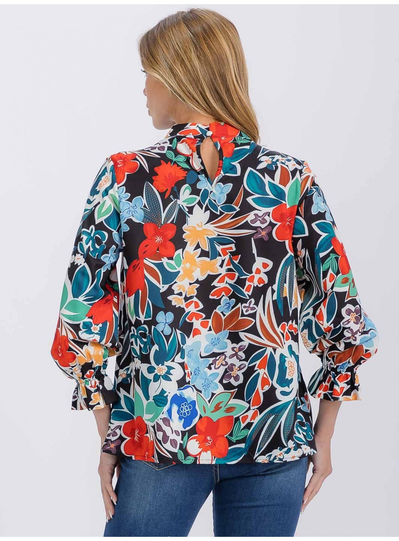 WOMEN'S 3/4 SLEEVE MOCK NECK FLORAL BLOUSE WOMEN'S 3/4 SLEEVE MOCK NECK FLORAL BLOUSE