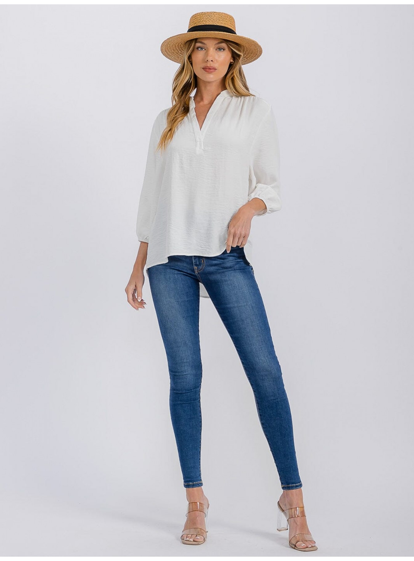 WOMEN'S 3/4 SLEEVE V-NECK HIGH-LOW BLOUSE WOMEN'S 3/4 SLEEVE V-NECK HIGH-LOW BLOUSE