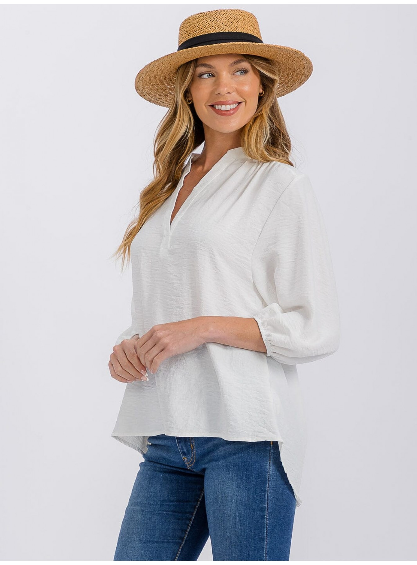 WOMEN'S 3/4 SLEEVE V-NECK HIGH-LOW BLOUSE WOMEN'S 3/4 SLEEVE V-NECK HIGH-LOW BLOUSE