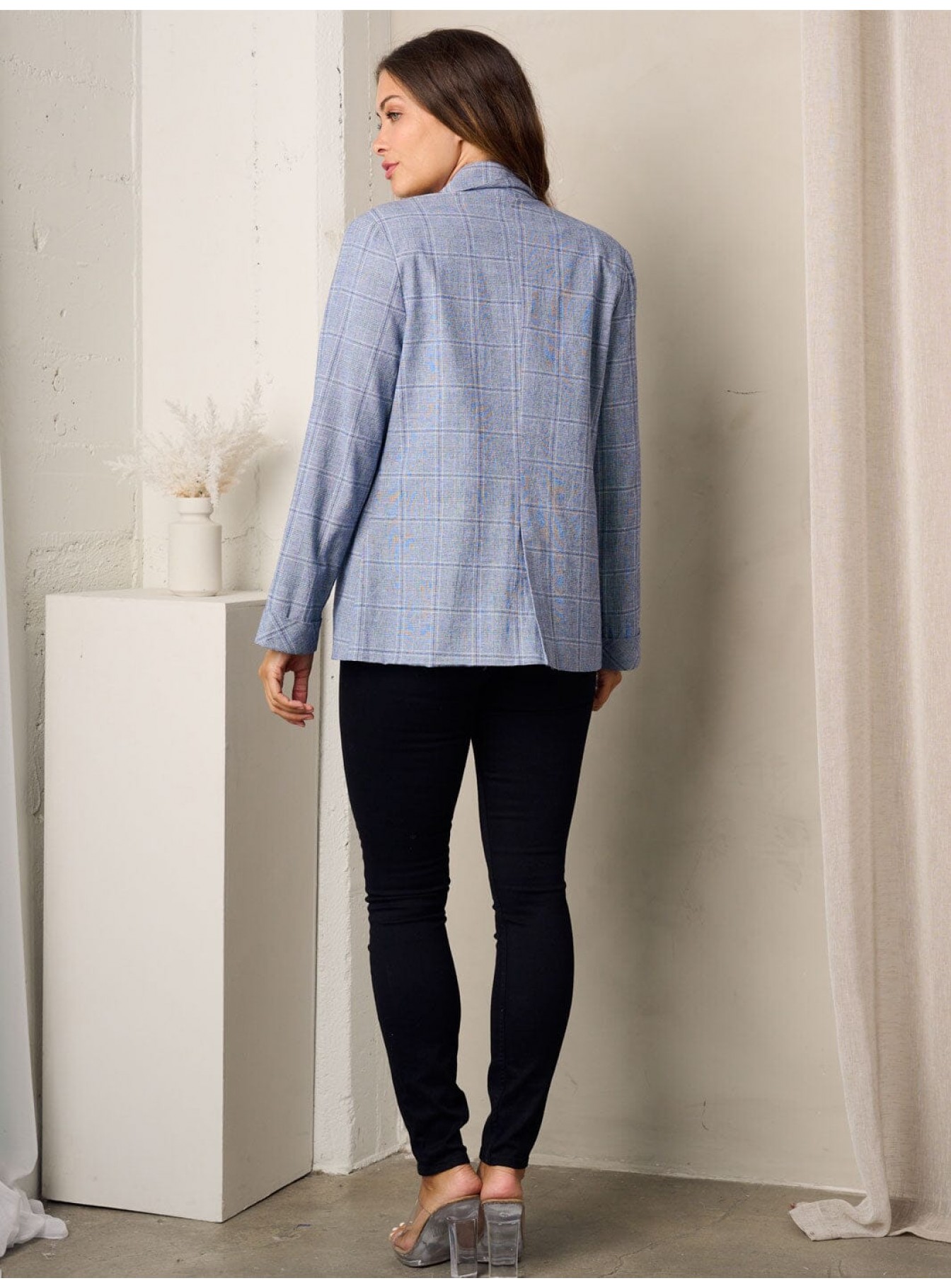 WOMEN'S LONG SLEEVE BUTTON CLOSURE CHECKERS PRINT BLAZER