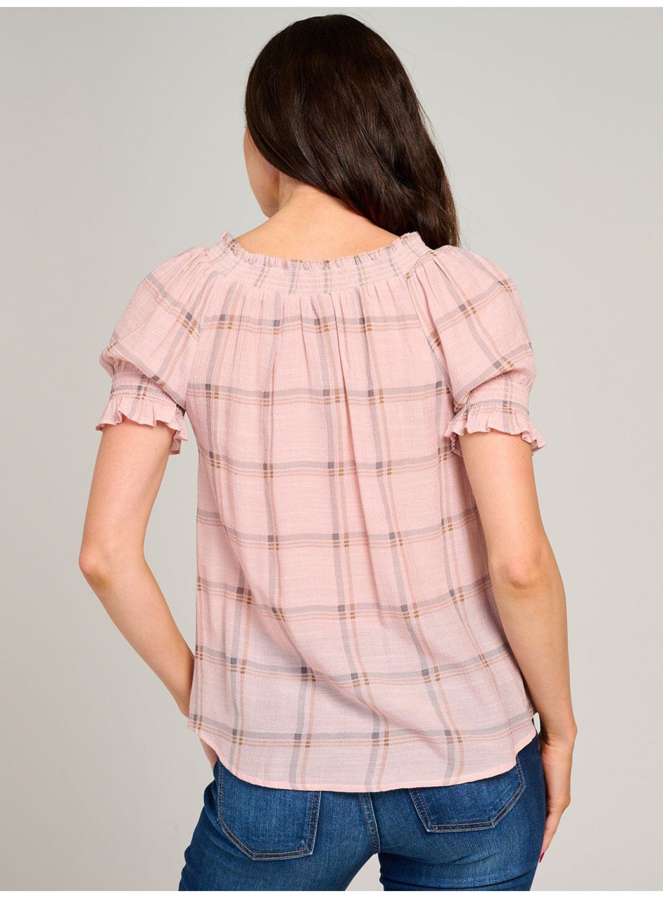 WOMEN'S SHORT PUFF SLEEVE PLAID BLOUSE WOMEN'S SHORT PUFF SLEEVE PLAID BLOUSE