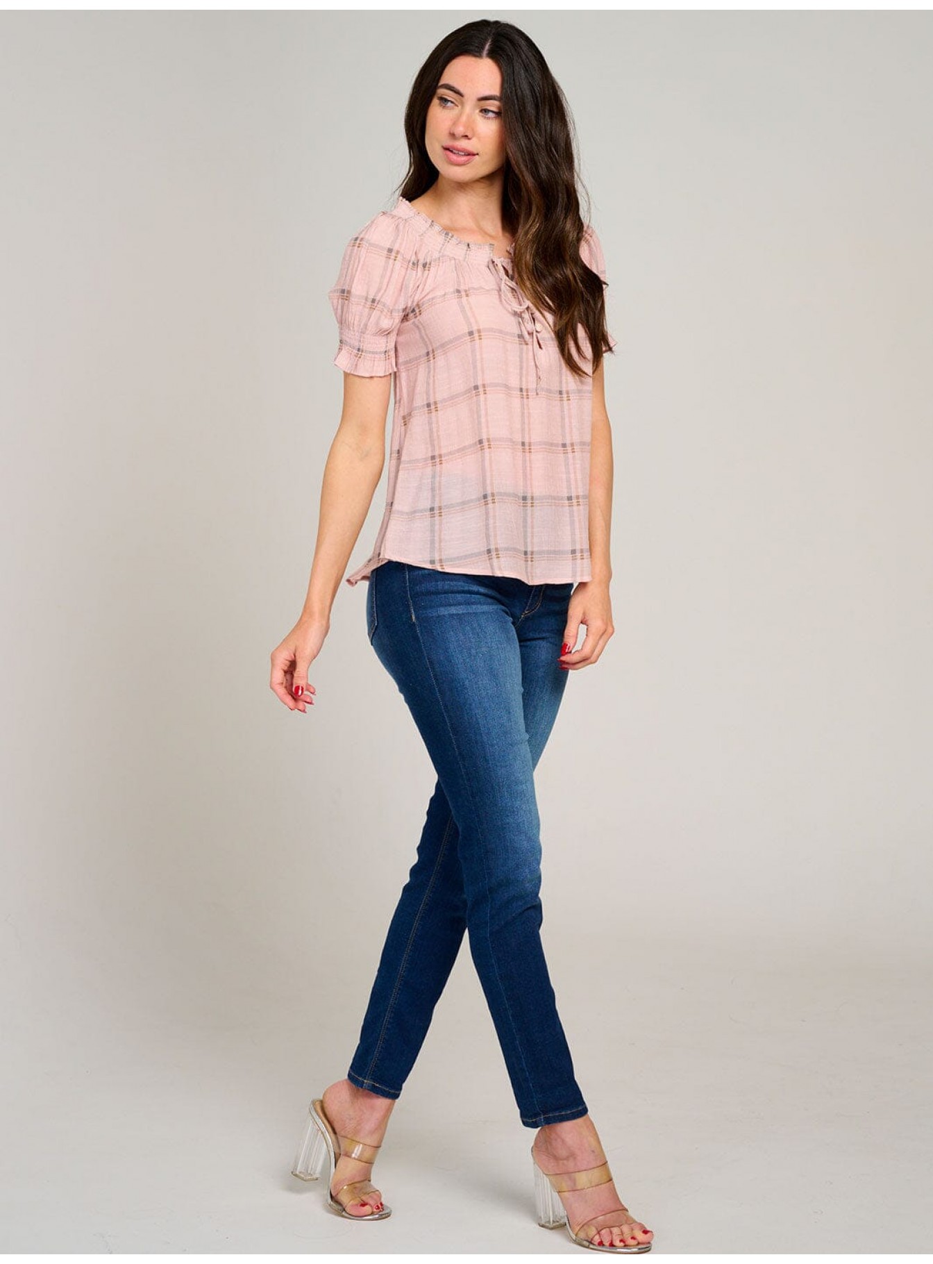 WOMEN'S SHORT PUFF SLEEVE PLAID BLOUSE WOMEN'S SHORT PUFF SLEEVE PLAID BLOUSE