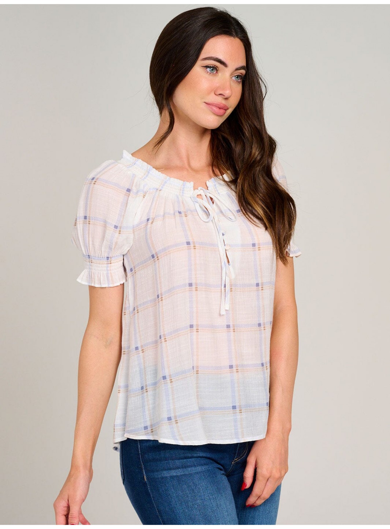 WOMEN'S SHORT PUFF SLEEVE PLAID BLOUSE