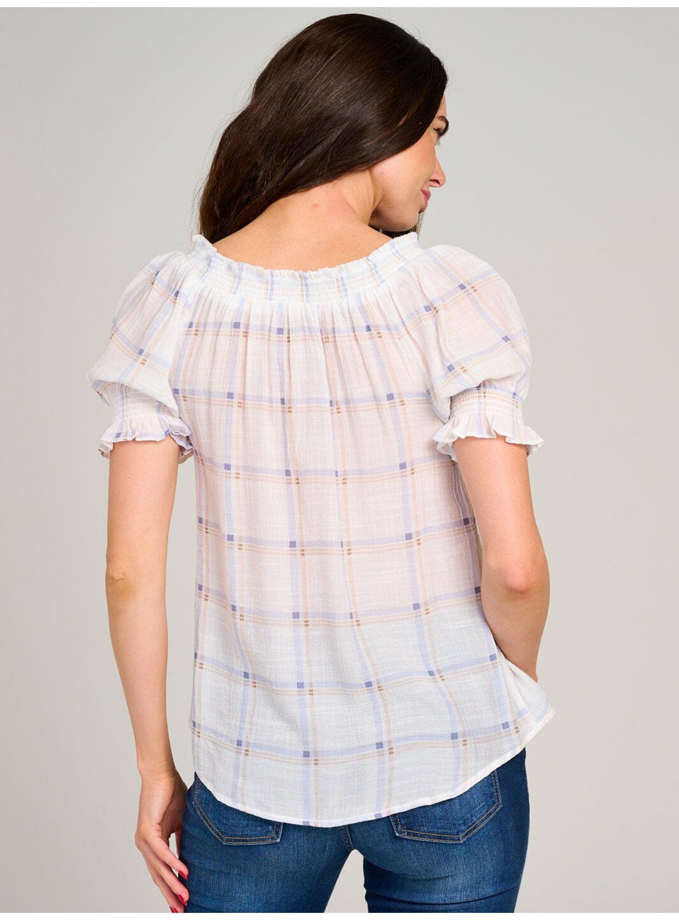 WOMEN'S SHORT PUFF SLEEVE PLAID BLOUSE WOMEN'S SHORT PUFF SLEEVE PLAID BLOUSE