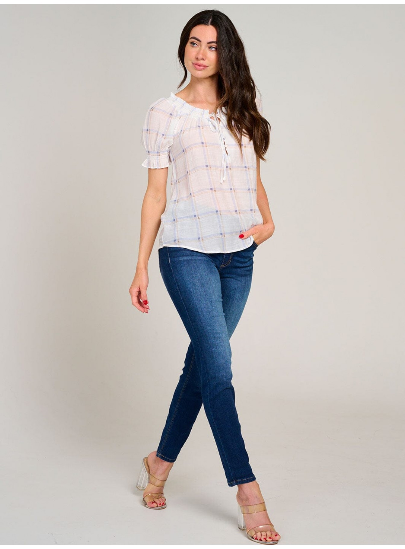 WOMEN'S SHORT PUFF SLEEVE PLAID BLOUSE WOMEN'S SHORT PUFF SLEEVE PLAID BLOUSE