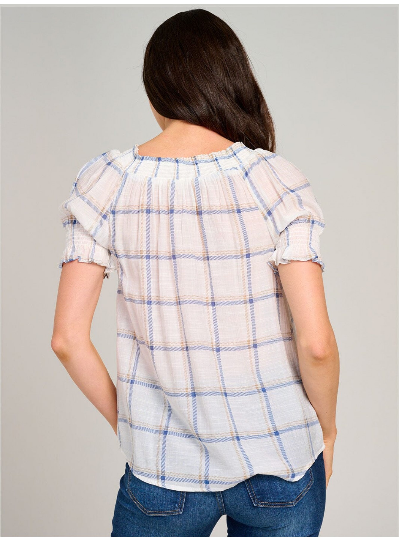 WOMEN'S SHORT PUFF SLEEVE PLAID BLOUSE WOMEN'S SHORT PUFF SLEEVE PLAID BLOUSE